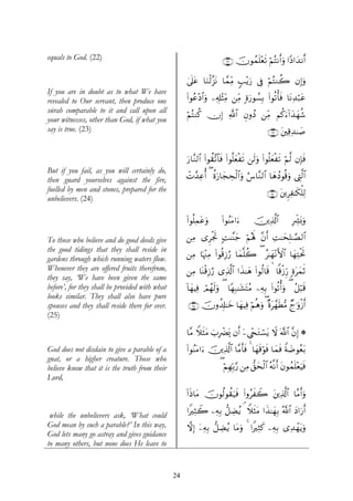 equals to God. (22)                                                    ∩⊄⊄∪ šχθßϑn=÷ès? öΝçFΡr&uρ #YŠ#y‰Ρr&

                                                     4’n?tã $uΖø9¨“tΡ $£ϑÏiΒ 5=÷ƒu‘ ’Îû ΝFΖà2 βÎ)uρ
                                                                                        ö ç
If you are in doubt as to what We have
revealed to Our servant, then produce one            (#θãã÷Š$#uρ ⎯Ï&Î#÷VÏiΒ ⎯ÏiΒ ;οu‘θÝ¡Î/ (#θè?ù'sù $tΡÏ‰ö7tã
sūrah comparable to it and call upon all
                                                     öΝçFΖä. χÎ) «!$# ÈβρßŠ ⎯ÏiΒ Νä.™!#y‰yγä©
                                                                                    u
your witnesses, other than God, if what you
say is true. (23)                                                                             ∩⊄⊂∪ t⎦⎫Ï%Ï‰≈|¹


                                                     u‘$¨Ζ9$# (#θà)¨?$$sù (#θè=yèøs? ⎯s9uρ (#θè=yèøs? öΝ©9 βÎ*sù
But if you fail, as you will certainly do,
then guard yourselves against the fire,              ôN£‰Ïãé& ( äοu‘$yfÅsø9$#uρ â¨$¨Ζ9$# $yδßŠθè%uρ ©ÉL©9$#
fuelled by men and stones, prepared for the                                                   ∩⊄⊆∪ t⎦⎪ÌÏ≈s3ù=Ï9
unbelievers. (24)

                                                     (#θè=Ïϑtãuρ       (#θãΨtΒ#u™      š⎥⎪Ï%©!$#           ÎÅe³o0uρ

To those who believe and do good deeds give          ⎯ÏΒ “ÌøgrB ;M≈¨Ψy_ öΝçλm; ¨βr& ÏM≈ysÎ=≈¢Á9$#
the good tidings that they shall reside in
                                                     ⎯ÏΒ $pκ÷]ÏΒ (#θè%Î—â‘ $yϑ¯=à2 ( ã≈yγ÷ΡF{$# $yγÏFøtrB
gardens through which running waters flow.
Whenever they are offered fruits therefrom,          ⎯ÏΒ $oΨø%Î—â‘ “Ï%©!$# #x‹≈yδ (#θä9$s%   $]%ø—Íh‘ ;οtyϑrO
they say, ‘We have been given the same
before’, for they shall be provided with what        !$yγŠÏù óΟßγs9uρ ( $YγÎ7≈t±tFãΒ ⎯ÏμÎ/ (#θè?é&uρ ( ã≅ö6s%
looks similar. They shall also have pure
spouses and they shall reside there for ever.        ∩⊄∈∪ šχρà$Î#≈yz $yγŠÏù öΝèδuρ ( ×οt£γsÜ•Β Ól≡uρø—r&
(25)

                                                     $¨Β WξsVtΒ z>ÎôØo„ βr& ÿ⎯Ä©÷∏tGó¡tƒ Ÿω ©!$# ¨βÎ) *

God does not disdain to give a parable of a          #θãΨtΒ#u™ š⎥⎪Ï%©!$# $¨Βr'sù 4 $yγs%öθsù $yϑsù Zπ|Êθãèt/
                                                     (
gnat, or a higher creature. Those who
believe know that it is the truth from their                          ( öΝÎγÎn/§‘ ⎯ÏΒ ‘,ysø9$# çμ¯Ρr& tβθßϑn=÷èŠsù
                                                                                                               u
Lord,
                                                     !#sŒ$tΒ šχθä9θà)u‹sù (#ρãxŸ2 t⎦⎪Ï%©!$# $¨Βr&uρ

                                                     #ZÏVŸ2 ⎯ÏμÎ/ ‘≅ÅÒãƒ ¢ WξsVtΒ #x‹≈yγÎ/ ª!$# yŠ#u‘r&
 while the unbelievers ask, ‘What could
God mean by such a parable?’ In this way,            ωÎ) ÿ⎯ÏμÎ/ ‘≅ÅÒãƒ $tΒuρ 4 #ZÏWx. ⎯ÏμÎ/ “Ï‰ôγƒuρ
                                                                                                    t
God lets many go astray and gives guidance
to many others, but none does He leave to


                                                24
 