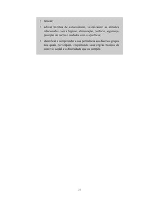28
• brincar;
• adotar hábitos de autocuidado, valorizando as atitudes
relacionadas com a higiene, alimentação, conforto, segurança,
proteção do corpo e cuidados com a aparência;
• identificar e compreender a sua pertinência aos diversos grupos
dos quais participam, respeitando suas regras básicas de
convívio social e a diversidade que os compõe.
 