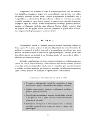 36
A organização dos momentos de oferta de alimentos precisa ser feita em ambientes
mais tranqüilos, em pequenos grupos, com acompanhamento mais próximo pelo adulto,
que propicia segurança afetiva e ajuda a construir gradativamente as habilidades para a
independência ao alimentar-se. Desaconselha-se a oferta das refeições em grandes
refeitórios com todos os grupos infantis presentes ao mesmo tempo, o que além de aumentar
o tempo de espera das crianças, dispersa a atenção tanto das crianças quanto do professor,
aumenta o nível de ruído e dificulta a ação educativa. Algumas refeições podem ser feitas
nas próprias salas dos grupos infantis, outras em companhia de grupos etários diversos,
mas sempre evitando grandes grupos ao mesmo tempo.
S E G U R A N Ç A
É recomendável orientar as crianças a usarem os utensílios, brinquedos e objetos de
forma segura. Por exemplo, crianças de três anos (dependendo do desenvolvimento e do
ambiente sociocultural) já podem usar garfo e faca quando fazem refeições, mas antes
precisam ser orientadas sobre os cuidados com objetos pontiagudos e cortantes, assim como
estes objetos devem ser destinado à sua finalidade, usados sob supervisão de adultos e
adequados ao tamanho da criança.
Atividades pedagógicas que envolvam uso de procedimentos ou produtos que possam
colocar em risco a saúde das crianças, como atividades que utilizam produtos químicos
(como água sanitária para descolorir papel), velas ou eletricidade (para experiências de luz
e sombra), ou objetos pequenos que possam ser engolidos ou colocados em cavidades
(grãos, botões), precisam ser planejadas e supervisionadas cuidadosamente.
Crianças de quatro a seis anos
• Expressão, manifestação e controle progressivo de suas
necessidades, desejos e sentimentos em situações cotidianas.
• Iniciativa para resolver pequenos problemas do cotidiano,
pedindo ajuda se necessário.
• Identificação progressiva de algumas singularidades próprias
e das pessoas com as quais convive no seu cotidiano em
situações de interação.
• Participação em situações de brincadeira nas quais as crianças
escolham os parceiros, os objetos, os temas, o espaço e as
personagens.
 