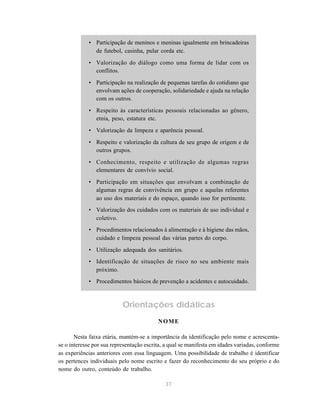 37
• Participação de meninos e meninas igualmente em brincadeiras
de futebol, casinha, pular corda etc.
• Valorização do diálogo como uma forma de lidar com os
conflitos.
• Participação na realização de pequenas tarefas do cotidiano que
envolvam ações de cooperação, solidariedade e ajuda na relação
com os outros.
• Respeito às características pessoais relacionadas ao gênero,
etnia, peso, estatura etc.
• Valorização da limpeza e aparência pessoal.
• Respeito e valorização da cultura de seu grupo de origem e de
outros grupos.
• Conhecimento, respeito e utilização de algumas regras
elementares de convívio social.
• Participação em situações que envolvam a combinação de
algumas regras de convivência em grupo e aquelas referentes
ao uso dos materiais e do espaço, quando isso for pertinente.
• Valorização dos cuidados com os materiais de uso individual e
coletivo.
• Procedimentos relacionados à alimentação e à higiene das mãos,
cuidado e limpeza pessoal das várias partes do corpo.
• Utilização adequada dos sanitários.
• Identificação de situações de risco no seu ambiente mais
próximo.
• Procedimentos básicos de prevenção a acidentes e autocuidado.
Orientações didáticas
NOME
Nesta faixa etária, mantém-se a importância da identificação pelo nome e acrescenta-
se o interesse por sua representação escrita, a qual se manifesta em idades variadas, conforme
as experiências anteriores com essa linguagem. Uma possibilidade de trabalho é identificar
os pertences individuais pelo nome escrito e fazer do reconhecimento do seu próprio e do
nome do outro, conteúdo de trabalho.
 