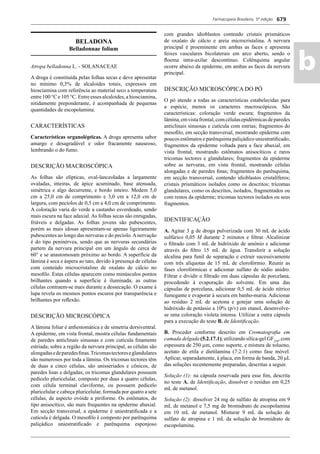 Farmacopeia Brasileira, 5ª edição
ab
679
BELADONA
Belladonnae folium
Atropa belladonna L. - SOLANACEAE
A droga é constituída pelas folhas secas e deve apresentar
no mínimo 0,3% de alcaloides totais, expressos em
hiosciamina com referência ao material seco a temperatura
entre 100 °C e 105 °C. Entre esses alcaloides, a hiosciamina,
nitidamente preponderante, é acompanhada de pequenas
quantidades de escopolamina.
CARACTERÍSTICAS
Características organolépticas. A droga apresenta sabor
amargo e desagradável e odor fracamente nauseoso,
lembrando o do fumo.
DESCRIÇÃO MACROSCÓPICA
As folhas são elípticas, oval-lanceoladas a largamente
ovaladas, inteiras, de ápice acuminado, base atenuada,
simétrica e algo decurrente, e bordo inteiro. Medem 5,0
cm a 25,0 cm de comprimento e 3,0 cm a 12,0 cm de
largura, com pecíolos de 0,5 cm a 4,0 cm de comprimento.
A coloração varia do verde a castanho esverdeado, sendo
mais escura na face adaxial. As folhas secas são enrugadas,
friáveis e delgadas. As folhas jovens são pubescentes,
porém as mais idosas apresentam-se apenas ligeiramente
pubescentes ao longo das nervuras e do pecíolo.Anervação
é do tipo peninérvea, sendo que as nervuras secundárias
partem da nervura principal em um ângulo de cerca de
60° e se anastomosam próximo ao bordo. A superfície da
lâmina é seca e áspera ao tato, devido à presença de células
com conteúdo microcristalino de oxalato de cálcio no
mesoﬁlo. Estas células aparecem como minúsculos pontos
brilhantes quando a superfície é iluminada; as outras
células contraem-se mais durante a dessecação. O exame à
lupa revela os mesmos pontos escuros por transparência e
brilhantes por reﬂexão.
DESCRIÇÃO MICROSCÓPICA
A lâmina foliar é anﬁestomática e de simetria dorsiventral.
A epiderme, em vista frontal, mostra células fundamentais
de paredes anticlinais sinuosas e com cutícula ﬁnamente
estriada; sobre a região da nervura principal, as células são
alongadasedeparedesﬁnas.Tricomastectoreseglandulares
são numerosos por toda a lâmina. Os tricomas tectores têm
de duas a cinco células, são unisseriados e cônicos, de
paredes lisas e delgadas; os tricomas glandulares possuem
pedicelo pluricelular, composto por duas a quatro células,
com célula terminal claviforme, ou possuem pedicelo
pluricelular e cabeça pluricelular, formada por quatro a sete
células, de aspecto ovóide a piriforme. Os estômatos, do
tipo anisocítico, são mais frequentes na epiderme abaxial.
Em secção transversal, a epiderme é uniestratiﬁcada e a
cutícula é delgada. O mesoﬁlo é composto por parênquima
paliçádico uniestratiﬁcado e parênquima esponjoso
com grandes idioblastos contendo cristais prismáticos
de oxalato de cálcio e areia microcristalina. A nervura
principal é proeminente em ambas as faces e apresenta
feixes vasculares bicolaterais em arco aberto, sendo o
ﬂoema intra-axilar descontínuo. Colênquima angular
ocorre abaixo da epiderme, em ambas as faces da nervura
principal.
DESCRIÇÃO MICROSCÓPICA DO PÓ
O pó atende a todas as características estabelecidas para
a espécie, menos os caracteres macroscópicos. São
características: coloração verde escura; fragmentos da
lâmina,emvistafrontal,comcélulasepidérmicasdeparedes
anticlinais sinuosas e cutícula com estrias; fragmentos do
mesoﬁlo, em secção transversal, mostrando epiderme com
poucos estômatos e parênquima paliçádico uniestratiﬁcado;
fragmentos da epiderme voltada para a face abaxial, em
vista frontal, mostrando estômatos anisocíticos e raros
tricomas tectores e glandulares; fragmentos da epiderme
sobre as nervuras, em vista frontal, mostrando células
alongadas e de paredes ﬁnas; fragmentos do parênquima,
em secção transversal, contendo idioblastos cristalíferos;
cristais prismáticos isolados como os descritos; tricomas
glandulares, como os descritos, isolados, fragmentados ou
com restos da epiderme; tricomas tectores isolados ou seus
fragmentos.
IDENTIFICAÇÃO
A. Agitar 3 g de droga pulverizada com 30 mL de ácido
sulfúrico 0,05 M durante 2 minutos e ﬁltrar. Alcalinizar
o ﬁltrado com 3 mL de hidróxido de amônio e adicionar
através do ﬁltro 15 mL de água. Transferir a solução
alcalina para funil de separação e extrair sucessivamente
com três alíquotas de 15 mL de clorofórmio. Reunir as
fases clorofórmicas e adicionar sulfato de sódio anidro.
Filtrar e dividir o ﬁltrado em duas cápsulas de porcelana,
procedendo à evaporação do solvente. Em uma das
cápsulas de porcelana, adicionar 0,5 mL de ácido nítrico
fumegante e evaporar à secura em banho-maria. Adicionar
ao resíduo 2 mL de acetona e gotejar uma solução de
hidróxido de potássio a 10% (p/v) em etanol, desenvolve-
se uma coloração violeta intensa. Utilizar a outra cápsula
para a execução do teste B. de Identiﬁcação.
B. Proceder conforme descrito em Cromatograﬁa em
camada delgada (5.2.17.1), utilizando sílica-gel GF254
, com
espessura de 250 μm, como suporte, e mistura de tolueno,
acetato de etila e dietilamina (7:2:1) como fase móvel.
Aplicar, separadamente, à placa, em forma de banda, 20 μL
das soluções recentemente preparadas, descritas a seguir.
Solução (1): na cápsula reservada para esse ﬁm, descrita
no teste A. de Identiﬁcação, dissolver o resíduo em 0,25
mL de metanol.
Solução (2): dissolver 24 mg de sulfato de atropina em 9
mL de metanol e 7,5 mg de bromidrato de escopolamina
em 10 mL de metanol. Misturar 9 mL da solução de
sulfato de atropina e 1 mL da solução de bromidrato de
escopolamina.
Volume 2_18_07_11.indd 679Volume 2_18_07_11.indd 679 18/07/2011 09:26:3618/07/2011 09:26:36
 