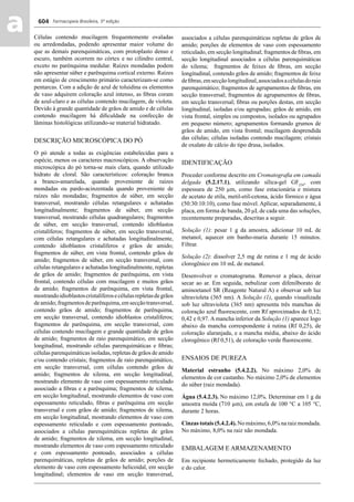 Farmacopeia Brasileira, 5ª edição
aa 604
Células contendo mucilagem frequentemente ovaladas
ou arredondadas, podendo apresentar maior volume do
que as demais parenquimáticas, com protoplasto denso e
escuro, também ocorrem no córtex e no cilindro central,
exceto no parênquima medular. Raízes mondadas podem
não apresentar súber e parênquima cortical externo. Raízes
em estágio de crescimento primário caracterizam-se como
pentarcas. Com a adição de azul de toluidina os elementos
de vaso adquirem coloração azul intenso, as ﬁbras coram
de azul-claro e as células contendo mucilagem, de violeta.
Devido à grande quantidade de grãos de amido e de células
contendo mucilagem há diﬁculdade na confecção de
lâminas histológicas utilizando-se material hidratado.
DESCRIÇÃO MICROSCÓPICA DO PÓ
O pó atende a todas as exigências estabelecidas para a
espécie, menos os caracteres macroscópicos. A observação
microscópica do pó torna-se mais clara, quando utilizado
hidrato de cloral. São característicos: coloração branca
a branco-amarelada, quando proveniente de raízes
mondadas ou pardo-acinzentada quando proveniente de
raízes não mondadas; fragmentos de súber, em secção
transversal, mostrando células retangulares e achatadas
longitudinalmente; fragmentos de súber, em secção
transversal, mostrando células quadrangulares; fragmentos
de súber, em secção transversal, contendo idioblastos
cristalíferos; fragmentos de súber, em secção transversal,
com células retangulares e achatadas longitudinalmente,
contendo idioblastos cristalíferos e grãos de amido;
fragmentos de súber, em vista frontal, contendo grãos de
amido; fragmentos de súber, em secção transversal, com
células retangulares e achatadas longitudinalmente, repletas
de grãos de amido; fragmentos de parênquima, em vista
frontal, contendo células com mucilagem e muitos grãos
de amido; fragmentos de parênquima, em vista frontal,
mostrandoidioblastoscristalíferosecélulasrepletasdegrãos
deamido;fragmentosdeparênquima,emsecçãotransversal,
contendo grãos de amido; fragmentos de parênquima,
em secção transversal, contendo idioblastos cristalíferos;
fragmentos de parênquima, em secção transversal, com
células contendo mucilagem e grande quantidade de grãos
de amido; fragmentos de raio parenquimático, em secção
longitudinal, mostrando células parenquimáticas e ﬁbras;
células parenquimáticas isoladas, repletas de grãos de amido
e/ou contendo cristais; fragmentos de raio parenquimático,
em secção transversal, com células contendo grãos de
amido; fragmentos de xilema, em secção longitudinal,
mostrando elemento de vaso com espessamento reticulado
associado a ﬁbras e a parênquima; fragmentos de xilema,
em secção longitudinal, mostrando elementos de vaso com
espessamento reticulado, ﬁbras e parênquima em secção
transversal e com grãos de amido; fragmentos de xilema,
em secção longitudinal, mostrando elementos de vaso com
espessamento reticulado e com espessamento pontoado,
associados a células parenquimáticas repletas de grãos
de amido; fragmentos de xilema, em secção longitudinal,
mostrando elementos de vaso com espessamento reticulado
e com espessamento pontoado, associados a células
parenquimáticas, repletas de grãos de amido; porções de
elemento de vaso com espessamento helicoidal, em secção
longitudinal; elementos de vaso em secção transversal,
associados a células parenquimáticas repletas de grãos de
amido; porções de elementos de vaso com espessamento
reticulado, em secção longitudinal; fragmentos de ﬁbras, em
secção longitudinal associados a células parenquimáticas
do xilema; fragmentos de feixes de ﬁbras, em secção
longitudinal, contendo grãos de amido; fragmentos de feixe
deﬁbras,emsecçãolongitudinal,associadosacélulasdoraio
parenquimático; fragmentos de agrupamentos de ﬁbras, em
secção transversal; fragmentos de agrupamentos de ﬁbras,
em secção transversal; ﬁbras ou porções destas, em secção
longitudinal, isoladas e/ou agrupadas; grãos de amido, em
vista frontal, simples ou compostos, isolados ou agrupados
em pequeno número; agrupamentos formando grumos de
grãos de amido, em vista frontal; mucilagem desprendida
das células; células isoladas contendo mucilagem; cristais
de oxalato de cálcio do tipo drusa, isolados.
IDENTIFICAÇÃO
Proceder conforme descrito em Cromatograﬁa em camada
delgada (5.2.17.1), utilizando sílica-gel GF254
, com
espessura de 250 μm, como fase estacionária e mistura
de acetato de etila, metil-etil-cetona, ácido fórmico e água
(50:30:10:10), como fase móvel. Aplicar, separadamente, à
placa, em forma de banda, 20 μL de cada uma das soluções,
recentemente preparadas, descritas a seguir.
Solução (1): pesar 1 g da amostra, adicionar 10 mL de
metanol, aquecer em banho-maria durante 15 minutos.
Filtrar.
Solução (2): dissolver 2,5 mg de rutina e 1 mg de ácido
clorogênico em 10 mL de metanol.
Desenvolver o cromatograma. Remover a placa, deixar
secar ao ar. Em seguida, nebulizar com difenilborato de
aminoetanol SR (Reagente Natural A) e observar sob luz
ultravioleta (365 nm). A Solução (1), quando visualizada
sob luz ultravioleta (365 nm) apresenta três manchas de
coloração azul ﬂuorescente, com Rf aproximados de 0,12;
0,42 e 0,97. A mancha inferior da Solução (1) aparece logo
abaixo da mancha correspondente à rutina (Rf 0,25), de
coloração alaranjada, e a mancha média, abaixo do ácido
clorogênico (Rf 0,51), de coloração verde ﬂuorescente.
ENSAIOS DE PUREZA
Material estranho (5.4.2.2). No máximo 2,0% de
elementos de cor castanho. No máximo 2,0% de elementos
do súber (raiz mondada).
Água (5.4.2.3). No máximo 12,0%. Determinar em 1 g da
amostra moída (710 μm), em estufa de 100 °C a 105 °C,
durante 2 horas.
Cinzas totais (5.4.2.4). No máximo, 6,0% na raiz mondada.
No máximo, 8,0% na raiz não mondada.
EMBALAGEM E ARMAZENAMENTO
Em recipiente hermeticamente fechado, protegido da luz
e do calor.
Volume 2_18_07_11.indd 604Volume 2_18_07_11.indd 604 18/07/2011 09:26:2518/07/2011 09:26:25
 