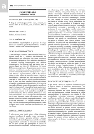 Farmacopeia Brasileira, 5ª edição
aa 642
ANIS-ESTRELADO
Anisi stellati fructus
Illicium verum Hook. f. - MAGNOLIACEAE
A droga é constituída pelos frutos secos, contendo, no
mínimo, 7,0% de óleo volátil, com, no mínimo, 80% de
anetol.
NOMES POPULARES
Badiana, badiana-da-china.
CARACTERÍSTICAS
Características organolépticas. O pericarpo da droga
possui odor aromático agradável e sabor doce e anisado; a
semente é inodora e tem um sabor desagradável.
DESCRIÇÃO MACROSCÓPICA
O fruto é múltiplo, composto habitualmente de 8 folículos,
algumas vezes até 11, dispostos horizontalmente em
forma de estrela, em volta de um eixo central (columela),
ordinariamente achatado na altura dos bordos dos carpelos.
A columela continua frequentemente num pedicelo
pequeno, curvo, claviforme e frágil, que poucas vezes se
encontra ligado aos frutos. Os folículos, de 10,0 mm a
20,0 mm de comprimento, desigualmente desenvolvidos,
lenhosos, careniformes, achatados lateralmente, de cor
castanho-acinzentada, terminam em ápice obtuso e curvo.
Cada folículo é anguloso na base, onde se ﬁxa ao eixo
central; o bordo inferior do folículo é espesso e rugoso; o
bordo superior é aberto em dois lábios delgados e lisos de
cada lado da fenda; as faces laterais rugosas apresentam,
perto da base, uma parte mais lisa, clara e semi-elíptica,
pela qual os carpelos estão em contato entre si. Na época da
maturação o folículo torna-se deiscente e abre-se no bordo
superior (sutura ventral), por uma larga fenda, que deixa ver
sua face interna lisa e brilhante, de cor castanho-amarelada,
e uma única semente oval, castanho-avermelhada ou
castanho-amarelada, dura e brilhante, truncada na base,
onde se distinguem o hilo e a micrópila bastantes próximos
um do outro. A semente contém um invólucro frágil e um
albúmen oleoso que circunda um pequeno embrião. Difere
de Illicium anisatum L. (= Illicium religiosum Sieb. et
Zucc.) por esta última apresentar folículos menores e mais
ovalados, sutura ventral mais larga e pedúnculo reto, não
claviforme.
DESCRIÇÃO MICROSCÓPICA
O epicarpo, em vista frontal, mostra células poligonais,
marrons, irregulares, de paredes pouco espessadas. A
epiderme do epicarpo apresenta estômatos grandes,
anomocíticos, não muito frequentes, e cutícula com estrias
irregulares bem acentuadas. O mesocarpo é constituído,
em sua parte externa, por parênquima de células de
paredes castanho-avermelhadas, contendo amido, podendo
ser observados, neste tecido, idioblastos secretores-
oleíferos esféricos, com paredes ﬁnas; em sua parte
interna, o mesocarpo é formado de células menores, de
paredes espessas; no limite dessas duas zonas, localizam-
se numerosos feixes vasculares. O endocarpo é formado
por uma camada de células alongadas radialmente,
sob forma de paliçada, de 60 μm de comprimento, em
média; na parte correspondente à deiscência (sutura
ventral), essas células tornam-se menores, com paredes
desigualmente espessadas e pontoadas, e as células
poligonais da zona mesocárpica vizinha transformam-
se num maciço esclerótico. O eixo central (columela), o
pedúnculo (pedicelo) e o mesocarpo contem numerosas
células escleróticas características. Os astroesclereídes do
pedicelo e do mesocarpo são muito grandes e usualmente
solitários; eles podem ser irregularmente ramiﬁcados
ou podem ter projeções mais curtas e aﬁladas. Outros
esclereídes do mesocarpo são encontrados em grupos,
mas são alongados, com paredes espessadas e pontoadas.
O tegumento seminal é formado por camadas distintas. O
tegumento externo está representado por um tecido hialino
formado por 2-3 camadas de células, seguido por um
tegumento constituído por um estrato de osteoesclereídes,
com células alongadas radialmente, de paredes espessadas
e pontoadas; seguem-se várias camadas de células de
paredes ligniﬁcadas, espessadas e pontoadas, denominadas
macroesclereídes, sendo as camadas interiores de paredes
delgadas; o tegumento interno é limitado por uma camada
de células com cristais de oxalato de cálcio. Na zona
micropilar ocorrem braquiesclereídes. O endosperma
compõe-se de células poligonais com grãos de aleurona
com cristalóides e gotas de óleo. O embrião é pequeno.
Difere de Illicium anisatum L. (= Illicium religiosum Sieb.
et Zucc.) por esta última apresentar raros astroesclereides,
sendo estes não ramiﬁcados; os esclereídes do mesocarpo
são arredondados, nunca alongados.
DESCRIÇÃO MICROSCÓPICA DO PÓ
O pó atende a todas as exigências estabelecidas para
a espécie, menos os caracteres macroscópicos. São
características: coloração castanho-avermelhada;
fragmentos formados por células marrons do epicarpo,
com cutícula fortemente estriada; fragmentos de células
parenquimáticas do mesocarpo, com células de óleo
arredondadas; esclereídes volumosos, irregularmente
ramiﬁcados, oriundos do pedicelo; esclereídes alongados,
oriundos do mesocarpo, com paredes espessadas e
pontoadas; fragmentos formados por células colunares do
endocarpo,comparedeslevementeespessadas,ligniﬁcadas,
com pigmentos nas paredes terminais; massas amareladas
de células pequenas, de paredes bastante espessadas e
pontoadas, provenientes da zona da sutura carpelar; células
escleróticas (osteoesclereídes isolados, macroesclereídes
e braquiesclereídes), oriundas do tegumento da semente,
dispostas em paliçada; fragmentos hialinos do tegumento
externo da semente; cristais tabulares de oxalato de
cálcio; porções de albúmen com grãos de aleurona com
cristalóides.
Volume 2_18_07_11.indd 642Volume 2_18_07_11.indd 642 18/07/2011 09:26:3118/07/2011 09:26:31
 