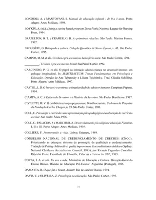 78
BONDIOLI, A. e MANTOVANI, S. Manual de educação infantil - de 0 a 3 anos. Porto
Alegre: Artes Médicas, 1998.
BOYKIN, A. (ed.). Living a caring based program. Nova York: National League for Nursing
Press, 1994.
BRAZELTON, B. T. e CRAMER, G. B. As primeiras relações. São Paulo: Martins Fontes,
1992.
BROUGÈRE, G. Brinquedo e cultura. Coleção Questões de Nossa Época, v. 43. São Paulo:
Cortez, 1995.
CAMPOS, M. M. et alii. Creches e pré-escolas no hemisfério norte. São Paulo: Cortez, 1994.
__________. Creches e pré-escolas no Brasil. São Paulo: Cortez, 1992.
CARCINERO, P. G. et alii. O papel da interação adulto-criança no desenvolvimento: um
enfoque longitudinal. In: SUBSTRACTUM: Temas Fundamentais em Psicologia e
Educação. Direção de Ana Teberosky e Liliana Tolchinsky. Trad. Cláudia Schilling.
Porto Alegre: Artes Médicas, 1997.
CASTIEL,L.D.O buraco e o avestruz: a singularidade do adoecer humano.Campinas:Papirus,
1994.
CIAMPA, A. C. A Estória do Severino e a História da Severina. São Paulo: Brasiliense, 1987.
CIVILETTI, M. V. O cuidado às crianças pequenas no Brasil escravista. Cadernos de Pesquisa
da Fundação Carlos Chagas, n. 39. São Paulo: Cortez, 1981.
COLL, C. Psicologia e currículo: uma aproximação psicopedagógica à elaboração do currículo
escolar. São Paulo: Ática, 1996.
COLL, C.; PALACIOS, J. e MARCHESI, A. Desenvolvimento psicológico e educação.Volumes
I, II e III. Porto Alegre: Artes Médicas, 1995.
COLLIERE, F. Promovendo a vida. Lisboa: Estampa, 1989.
CONSELHO NACIONAL DE CREDENCIAMENTO DE CRECHES (CNCC).
Priorizando as crianças: sistema de promoção de qualidade e credenciamento.
Tradução de Puttingchildrenfirst:qualityimprovement&accreditationinchildcare(Sydney:
National Childcare Accreditation Council, 1993), por Ricardo Fagundes Carvalho.
Ribeirão Preto: Faculdade de Filosofia, Ciências e Letras da USP, 1993.
COSTA, I. A. et alii. Eu era a mãe. Ministério de Educação e Cultura. Direcção-Geral do
Ensino Básico. Divisão de Educação Pré-Escolar. Algueirão (Portugal), 1986.
DAMATTA, R. O que faz o brasil, Brasil? Rio de Janeiro: Rocco, 1994.
DAVIS, C. e OLIVEIRA, Z. Psicologia na educação. São Paulo: Cortez, 1993.
 