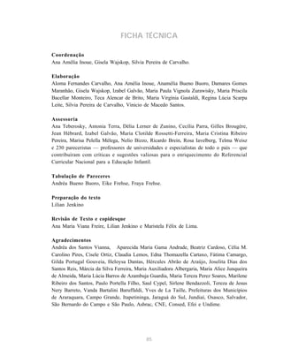 85
FICHA TÉCNICA
Coordenação
Ana Amélia Inoue, Gisela Wajskop, Silvia Pereira de Carvalho.
Elaboração
Aloma Fernandes Carvalho, Ana Amélia Inoue, Anamélia Bueno Buoro, Damares Gomes
Maranhão, Gisela Wajskop, Izabel Galvão, Maria Paula Vignola Zurawisky, Maria Priscila
Bacellar Monteiro, Teca Alencar de Brito, Maria Virgínia Gastaldi, Regina Lúcia Scarpa
Leite, Silvia Pereira de Carvalho, Vinicio de Macedo Santos.
Assessoria
Ana Teberosky, Antonia Terra, Délia Lerner de Zunino, Cecília Parra, Gilles Brougère,
Jean Hébrard, Izabel Galvão, Maria Clotilde Rossetti-Ferreira, Maria Cristina Ribeiro
Pereira, Marisa Pelella Mélega, Nelio Bizzo, Ricardo Brein, Rosa Iavelberg, Telma Weisz
e 230 pareceristas — professores de universidades e especialistas de todo o país — que
contribuíram com críticas e sugestões valiosas para o enriquecimento do Referencial
Curricular Nacional para a Educação Infantil.
Tabulação de Pareceres
Andréa Bueno Buoro, Eike Frehse, Fraya Frehse.
Preparação do texto
Lilian Jenkino
Revisão de Texto e copidesque
Ana Maria Viana Freire, Lilian Jenkino e Maristela Félix de Lima.
Agradecimentos
Andréa dos Santos Vianna, Aparecida Maria Gama Andrade, Beatriz Cardoso, Célia M.
Carolino Pires, Cisele Ortiz, Claudia Lemos, Edna Thomazella Cartaxo, Fátima Camargo,
Gilda Portugal Gouveia, Heloysa Dantas, Hércules Abrão de Araújo, Joselita Dias dos
Santos Reis, Márcia da Silva Ferreira, Maria Auxiliadora Albergaria, Maria Alice Junqueira
de Almeida, Maria Lúcia Barros de Azambuja Guardia, Maria Tereza Perez Soares, Marilene
Ribeiro dos Santos, Paulo Portella Filho, Saul Cypel, Sirlene Bendazzoli, Tereza de Jesus
Nery Barreto, Vanda Bartalini Baruffaldi, Yves de La Taille, Prefeituras dos Municípios
de Araraquara, Campo Grande, Itapetininga, Jaraguá do Sul, Jundiaí, Osasco, Salvador,
São Bernardo do Campo e São Paulo, Asbrac, CNE, Consed, Efei e Undime.
 