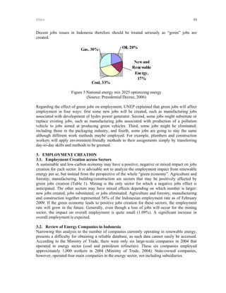 Elfani 

49 

Decent jobs issues in Indonesia therefore should be treated seriously as “green” jobs are
created.

Gas, 30%

Oil, 20%
New and
Renewable
Energy,
17%

Coal, 33%
Figure 3 National energy mix 2025 optimizing energy
(Source: Presidential Decree, 2006)
Regarding the effect of green jobs on employment, UNEP explained that green jobs will affect
employment in four ways: first some new jobs will be created, such as manufacturing jobs
associated with development of hydro power generator. Second, some jobs might substitute or
replace existing jobs, such as manufacturing jobs associated with production of a pollution
vehicle to jobs aimed at producing green vehicles. Third, some jobs might be eliminated,
including those in the packaging industry, and fourth, some jobs are going to stay the same
although different work methods maybe employed. For example, plumbers and construction
workers will apply environment-friendly methods to their assignments simply by transferring
day-to-day skills and methods to be greened.
3. EMPLOYMENT CREATION
3.1. Employment Creation across Sectors
A sustainable and low-carbon economy may have a positive, negative or mixed impact on jobs
creation for each sector. It is advisable not to analyze the employment impact from renewable
energy per se, but instead from the perspective of the whole “green economy”. Agriculture and
forestry, manufacturing, building/construction are sectors that may be positively affected by
green jobs creation (Table 1). Mining is the only sector for which a negative jobs effect is
anticipated. The other sectors may have mixed effects depending on which number is larger:
new jobs created, jobs substituted, or jobs eliminated. Agriculture and forestry, manufacturing
and construction together represented 58% of the Indonesian employment rate as of February
2009. If the green economy leads to positive jobs creation for these sectors, the employment
rate will grow in the future. Generally, even though a loss of jobs will occur for the mining
sector, the impact on overall employment is quite small (1.09%). A significant increase in
overall employment is expected.
3.2. Review of Energy Companies in Indonesia
Narrowing this analysis to the number of companies currently operating in renewable energy,
presents a difficulty for obtaining a reliable database, as such data cannot easily be accessed.
According to the Ministry of Trade, there were only six large-scale companies in 2004 that
operated in energy sector (coal and petroleum refineries). These six companies employed
approximately 1,000 workers in 2004 (Ministry of Trade, 2004). State-owned companies,
however, operated four main companies in the energy sector, not including subsidiaries.

 
