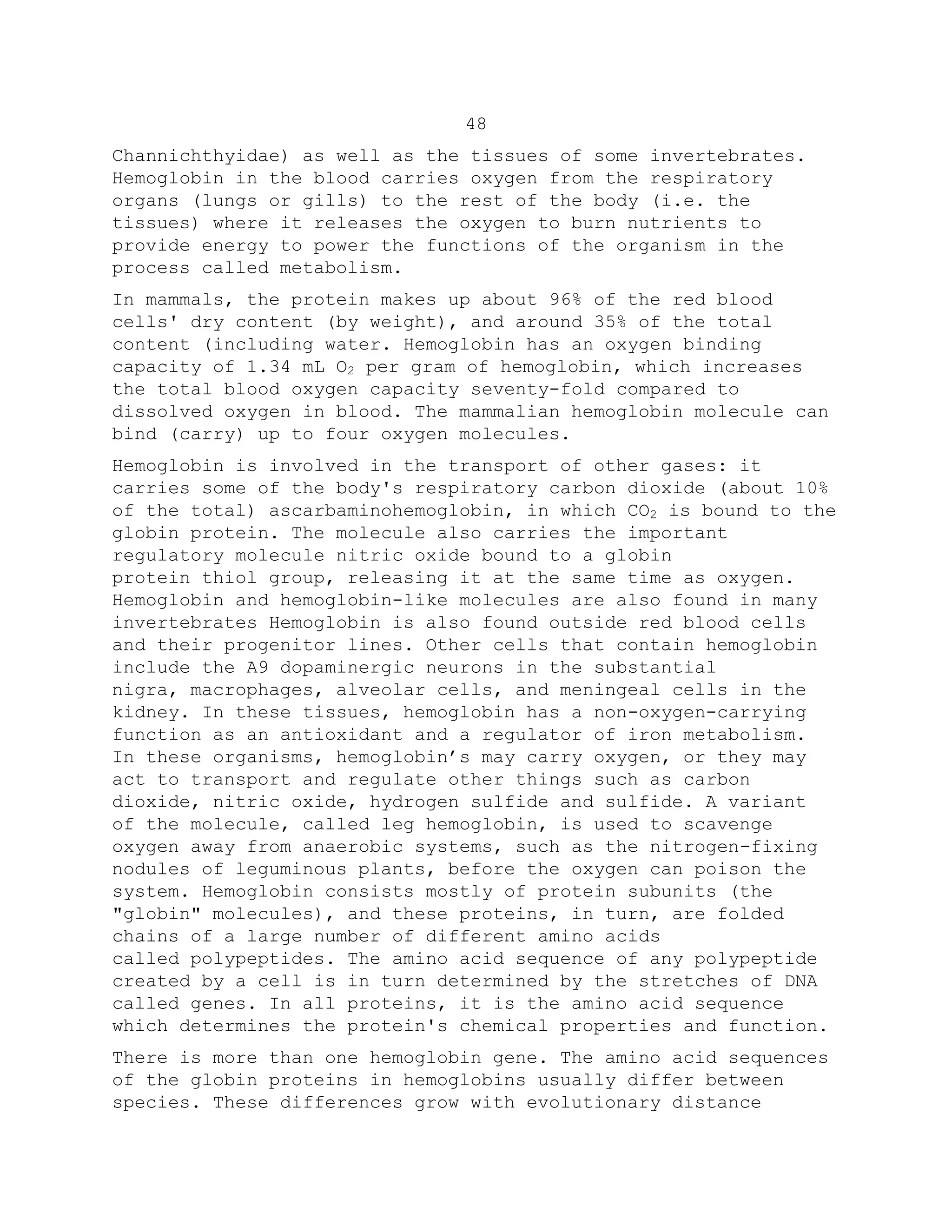 48
Channichthyidae) as well as the tissues of some invertebrates.
Hemoglobin in the blood carries oxygen from the respiratory
organs (lungs or gills) to the rest of the body (i.e. the
tissues) where it releases the oxygen to burn nutrients to
provide energy to power the functions of the organism in the
process called metabolism.
In mammals, the protein makes up about 96% of the red blood
cells' dry content (by weight), and around 35% of the total
content (including water. Hemoglobin has an oxygen binding
capacity of 1.34 mL O2 per gram of hemoglobin, which increases
the total blood oxygen capacity seventy-fold compared to
dissolved oxygen in blood. The mammalian hemoglobin molecule can
bind (carry) up to four oxygen molecules.
Hemoglobin is involved in the transport of other gases: it
carries some of the body's respiratory carbon dioxide (about 10%
of the total) ascarbaminohemoglobin, in which CO2 is bound to the
globin protein. The molecule also carries the important
regulatory molecule nitric oxide bound to a globin
protein thiol group, releasing it at the same time as oxygen.
Hemoglobin and hemoglobin-like molecules are also found in many
invertebrates Hemoglobin is also found outside red blood cells
and their progenitor lines. Other cells that contain hemoglobin
include the A9 dopaminergic neurons in the substantial
nigra, macrophages, alveolar cells, and meningeal cells in the
kidney. In these tissues, hemoglobin has a non-oxygen-carrying
function as an antioxidant and a regulator of iron metabolism.
In these organisms, hemoglobin’s may carry oxygen, or they may
act to transport and regulate other things such as carbon
dioxide, nitric oxide, hydrogen sulfide and sulfide. A variant
of the molecule, called leg hemoglobin, is used to scavenge
oxygen away from anaerobic systems, such as the nitrogen-fixing
nodules of leguminous plants, before the oxygen can poison the
system. Hemoglobin consists mostly of protein subunits (the
"globin" molecules), and these proteins, in turn, are folded
chains of a large number of different amino acids
called polypeptides. The amino acid sequence of any polypeptide
created by a cell is in turn determined by the stretches of DNA
called genes. In all proteins, it is the amino acid sequence
which determines the protein's chemical properties and function.
There is more than one hemoglobin gene. The amino acid sequences
of the globin proteins in hemoglobins usually differ between
species. These differences grow with evolutionary distance
 