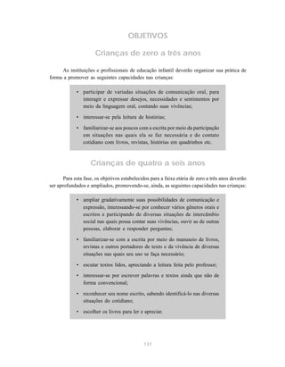 131
OBJETIVOS
Crianças de zero a três anos
As instituições e profissionais de educação infantil deverão organizar sua prática de
forma a promover as seguintes capacidades nas crianças:
• participar de variadas situações de comunicação oral, para
interagir e expressar desejos, necessidades e sentimentos por
meio da linguagem oral, contando suas vivências;
• interessar-se pela leitura de histórias;
• familiarizar-se aos poucos com a escrita por meio da participação
em situações nas quais ela se faz necessária e do contato
cotidiano com livros, revistas, histórias em quadrinhos etc.
Crianças de quatro a seis anos
Para esta fase, os objetivos estabelecidos para a faixa etária de zero a três anos deverão
ser aprofundados e ampliados, promovendo-se, ainda, as seguintes capacidades nas crianças:
• ampliar gradativamente suas possibilidades de comunicação e
expressão, interessando-se por conhecer vários gêneros orais e
escritos e participando de diversas situações de intercâmbio
social nas quais possa contar suas vivências, ouvir as de outras
pessoas, elaborar e responder perguntas;
• familiarizar-se com a escrita por meio do manuseio de livros,
revistas e outros portadores de texto e da vivência de diversas
situações nas quais seu uso se faça necessário;
• escutar textos lidos, apreciando a leitura feita pelo professor;
• interessar-se por escrever palavras e textos ainda que não de
forma convencional;
• reconhecer seu nome escrito, sabendo identificá-lo nas diversas
situações do cotidiano;
• escolher os livros para ler e apreciar.
 