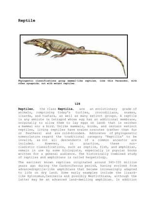 Reptile
Phylogentic classifications group mammal-like reptiles, like this Varanodon, with
other synapsids, not with extant reptiles.
128
Reptiles, the class Reptilia, are an evolutionary grade of
animals, comprising today's turtles, crocodilians, snakes,
lizards, and tuatara, as well as many extinct groups. A reptile
is any amniote (a tetrapod whose egg has an additional membrane,
originally to allow them to lay eggs on land) that is neither
a mammal nor a bird. Unlike mammals, birds, and certain extinct
reptiles, living reptiles have scales orscutes (rather than fur
or feathers) and are cold-blooded. Advocates of phylogenetic
nomenclature regard the traditional category 'Reptilia' to be
invalid, as not all descendants of a common ancestor are
included. However, in practice, these non-
cladistic classifications, such as reptile, fish, and amphibian,
remain in use by some biologists, especially in popular books
written for a general audience. The historically combined study
of reptiles and amphibians is called herpetology.
The earliest known reptiles originated around 340-335 million
years ago during the Carboniferous period, having evolved from
advancedreptile-like amphibians that became increasingly adapted
to life on dry land. Some early examples include the lizard-
like Hylonomus,Casineria and possibly Westlothiana, although the
latter may be an advanced land-dwelling amphibian. In addition
 