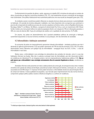 Sustentabilidade urbana: impactos do desenvolvimento econômico e suas consequências sobre o processo de urbanização em países emergentes – Volume 3
112
O enfrentamento de questões de gênero, saúde, segurança no trabalho [62] e iniciativas de educação no canteiro de
obras, já praticadas por algumas construtoras brasileiras [120, 121], são fundamentais até para a introdução de tecnologias
mais sustentáveis. Uma política habitacional mais sustentável poderia dar uma nova escala aos desejados green jobs [122].
As condições sociais e econômicas podem influenciar as soluções técnicas viáveis para promover a sustentabilidade
na habitação. Um exemplo de iniciativa adequada à realidade e aos meios disponíveis são os programas que substituem o
piso de solo compactado de residências por pisos de concreto, populares na América Latina, como na República Dominicana,
Nicarágua, Bolívia19 e no México. No México, o programa foi denominado Piso Firme, e com um investimento US$ 150 por
família é obtido uma mensurável melhora da saúde da população infantil, com redução de 79% em infestações parasitas, e
49% nos casos de diarreia [66]. O grau de satisfação dos adultos com a qualidade de vida aumentou 18,7% [66].
Em resumo, nos países em desenvolvimento não é possível estabelecer políticas de construção e habitação
sustentável esquecendo os recursos humanos envolvidos na sua produção, nem das demandas da sociedade.
4.3 Informalidade e habitação sustentável
As economias de países em desenvolvimento apresentam elevada informalidade – atividade econômica que não é
declarada às agências governamentais [123] que podem representar até 70% do total da economia [123],[124]. Em países
desenvolvidos menos tolerantes com qualquer tipo de informalidade – sonegação fiscal, nos EUA, é crime,– a taxa de
informalidade é mais baixa.
Muitas vezes, a informalidade é uma estratégia de sobrevivência dos excluídos do mercado, como é o caso das
habitações informais nas favelas. Mas não é a pobreza o principal motor da informalidade, pois ela é observada também
em residências de milionários[17], em shopping centers e até em empreendimentos habitacionais públicos [125]. Não se
pode ignorar que a informalidade é uma estratégia extremamente eficaz de aumentar ilegalmente os lucros, socializando os
prejuízos.
Atividades informais estão presentes em toda a cadeia produtiva da construção, da extração de areia, brita e madeira
amazônica até a gestão de resíduos da demolição, passando por projeto, fabricação de materiais, construção, etc., em escala
assustadora de até 99% (Figura 7). Empresas formais podem terceirizar a informalidade através de subcontratação[126] ou
da compra de materiais. A baixa qualidade de esquadrias, cujo mercado opera majoritariamente fora das normas técnicas,
compromete qualquer política pública visando à eficiência energética e o conforto em residências.
19
Foi relatado que em algumas situações a alimentação de galinhas e outros animais domésticos foi afetada negativamente.
Figura 7 – nformalidade na construção civil brasileira. Índices de não
conformidade com a normalização técnica de alguns insumos – Programas
Setoriais de Qualidade, no Brasil em maio de 2012 [127].
 