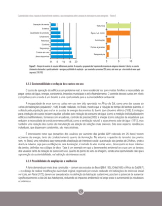 Sustentabilidade urbana: impactos do desenvolvimento econômico e suas consequências sobre o processo de urbanização em países emergentes – Volume 3
120
Figura 9 - Desejos dos usuários de conjuntos habitacionais paulistas. Na esquerda, agrupamento das frequências de respostas em categorias relevantes. À direita, os aspectos
diretamente relacionados à questão ambiental – energia e possibilidade de ampliação - que acumulados representam 23,8 pontos, valor maior que o item isolado de maior apelo:
segurança. [164,165]
6.2.3 Sustentabilidade e redução dos custos em uso
O custo de operação do edifício é um problema real: a nova residência traz para muitas famílias a necessidade de
pagar contas de água, energia, condomínio, impostos municipais e até o financiamento. O controle desses custos em níveis
compatíveis com a renda é um desafio e uma oportunidade para a sustentabilidade ambiental.
A incapacidade de arcar com os custos em uso tem sido apontada, na África do Sul, como uma das causas da
venda de habitações populares[1,168]. Estudo realizado, no Brasil, mostra que a redução do tempo de banhos quentes, é
utilizada pela população para cortar os custos de energia decorrentes do banho com chuveiro elétrico [169]. Estratégias
para a redução de custos incluem aquelas voltadas para redução do consumo de água (como a medição individualizada em
edifícios multifamiliares, torneiras com arejadores, controle de pressão[170]) e energia (como soluções de arquitetura que
reduzam a necessidade de condicionamento artificial, como a ventilação natural, o aquecimento solar de água -[171]), mas
também uma redução dos custos de manutenção via adoção de soluções mais duráveis. Sob esse aspecto, residências
individuais, que dispensam condomínio, são mais atrativas.
É interessante notar que demandas dos usuários por aumento das janelas (20ª colocada em 26 itens) trazem
economia de energia, tanto de condicionamento quanto de iluminação. No entanto, a questão do tamanho das janelas
tem, no Brasil, uma relevância que transcende a habitação de interesse social: a aceitação das janelas de 3 folhas, onde a
abertura máxima, seja para ventilação ou para iluminação, é metade do vão, muitas vezes, desrespeita as áreas mínimas
de janelas, definidas nos códigos de obra. Esse é um exemplo em que o desempenho ambiental se cruza com os desejos
dos usuários tanto de redução de custos em uso, quanto do ponto de vista de imagem, sendo uma oportunidade clara para
a promoção da sustentabilidade, na habitação de interesse social.
6.2.4 Possibilidade de ampliações e melhorias
A forte demanda por mais área construída – comum aos estudos do Brasil [164,165], Chile[166] e África do Sul[167]
– e o desejo de realizar modificações no imóvel original, registrado por estudo realizado em habitações de interesse social
verticais, em Natal [172], devem ser considerados na definição da habitação sustentável, pois tem o potencial de aumentar
significativamente a vida útil das habitações, reduzindo os impactos ambientais no longo prazo e aumentando os resultados
econômicos.
 