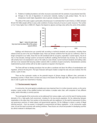 Sustentability in the Development of Social Housing Projects
153
f)	 Problems in building foundations and other structures associated with the variations of groundwater level [55];
g)	 Changes in the rate of degradation of construction materials, leading to early product failure. The rise in
temperature results higher degradation rates in general, including corrosion [56].
The safety of the water supply is particularly critical because it is estimated that in Latin America, in 2050, between
60 and 150 million people will live in areas under conditions of serious insecurity of access to water resources. This number
is 3 to 7 times higher than in 2000 [57]. Regions that depend on glaciers and large cities will be the centre of the problem.
Buildings and infrastructure are currently built according to technical standards and procedures, including those
related to land use and to the use of floodplain areas; these use climate conditions from the past as a reference, which no
longer correspond to our reality. Areas that are still considered safe for occupancy, especially in coastal regions, may be at
risk in a few decades; drainage systems can become insufficient; buildings thermal loads may increase, etc. Some areas
will certainly have to be abandoned in view of the reality of a new climate. Current technical standards and building codes
will have to be reviewed [58] favouring resilient solutions [59] in conditions of great uncertainty. Standardization activities
implemented by private entities will not be able to operate as required in the long-term.
The State will have to develop procedures that are able to coordinate and direct the efforts of standardization and
regulation, aimed at the long term. This type of decision will require models to weigh the risks and costs involved, from the
society´s point of view.
There are few systematic studies on the potential impacts of climate change in different cities, particularly in
developing countries. In Brazil, there is at least one study on the Greater São Paulo region [60]. This gap must be overcome
also in order to guide new investments in housing.
3.3 Socioeconomic impacts
In construction, the social agenda is probably even more important than it is in other economic sectors, as the sector
employs a great number of low qualified workers and involves a complex value chain, with companies of very different
scales, where informality is common practice.
The social agenda of the construction can be addressed from various angles, such as (a) the need of meeting society
demands of for a high-quality built environment, including for the low-income population; (b) the relationship between
stakeholders in the value chain, from workers to the interaction with site neighbours; (c) the need for improvement of ethics
and governance practices of market players and governmental agencies; (d) the challenge to reduce a variety of illegal
informal practices – from tax evasion, to disregard to environmental and labour regulations - in the construction supply
chain; (e) and the need to promote safe working conditions. These factors are critical and prevalent in developing countries
but almost irrelevant in developed ones.
Figure 2 – Evolution of the number of people
living in areas of water stress between 2000 and 2050, according to
scenario A2 of IPCC [57].
 
