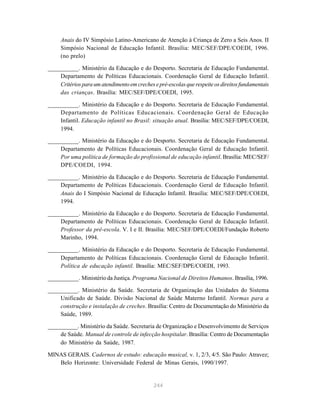 244
Anais do IV Simpósio Latino-Americano de Atenção à Criança de Zero a Seis Anos. II
Simpósio Nacional de Educação Infantil. Brasília: MEC/SEF/DPE/COEDI, 1996.
(no prelo)
__________. Ministério da Educação e do Desporto. Secretaria de Educação Fundamental.
Departamento de Políticas Educacionais. Coordenação Geral de Educação Infantil.
Critériosparaumatendimentoemcrechesepré-escolasquerespeiteosdireitosfundamentais
das crianças. Brasília: MEC/SEF/DPE/COEDI, 1995.
__________. Ministério da Educação e do Desporto. Secretaria de Educação Fundamental.
Departamento de Políticas Educacionais. Coordenação Geral de Educação
Infantil. Educação infantil no Brasil: situação atual. Brasília: MEC/SEF/DPE/COEDI,
1994.
__________. Ministério da Educação e do Desporto. Secretaria de Educação Fundamental.
Departamento de Políticas Educacionais. Coordenação Geral de Educação Infantil.
Por uma política de formação do profissional de educação infantil. Brasília: MEC/SEF/
DPE/COEDI, 1994.
__________. Ministério da Educação e do Desporto. Secretaria de Educação Fundamental.
Departamento de Políticas Educacionais. Coordenação Geral de Educação Infantil.
Anais do I Simpósio Nacional de Educação Infantil. Brasília: MEC/SEF/DPE/COEDI,
1994.
__________. Ministério da Educação e do Desporto. Secretaria de Educação Fundamental.
Departamento de Políticas Educacionais. Coordenação Geral de Educação Infantil.
Professor da pré-escola. V. I e II. Brasília: MEC/SEF/DPE/COEDI/Fundação Roberto
Marinho, 1994.
__________. Ministério da Educação e do Desporto. Secretaria de Educação Fundamental.
Departamento de Políticas Educacionais. Coordenação Geral de Educação Infantil.
Política de educação infantil. Brasília: MEC/SEF/DPE/COEDI, 1993.
__________. Ministério da Justiça. Programa Nacional de Direitos Humanos. Brasília, 1996.
__________. Ministério da Saúde. Secretaria de Organização das Unidades do Sistema
Unificado de Saúde. Divisão Nacional de Saúde Materno Infantil. Normas para a
construção e instalação de creches. Brasília: Centro de Documentação do Ministério da
Saúde, 1989.
__________. Ministério da Saúde. Secretaria de Organização e Desenvolvimento de Serviços
de Saúde. Manual de controle de infecção hospitalar. Brasília: Centro de Documentação
do Ministério da Saúde, 1987.
MINAS GERAIS. Cadernos de estudo: educação musical, v. 1, 2/3, 4/5. São Paulo: Atravez;
Belo Horizonte: Universidade Federal de Minas Gerais, 1990/1997.
 