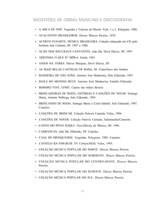 79
SUGESTÕES DE OBRAS MUSICAIS E DISCOGRAFIA
• A ARCA DE NOÉ. Toquinho e Vinicius de Morais. Vols. 1 e 2. Polygram, 1980.
• ACALANTOS BRASILEIROS. Discos Marcus Pereira, 1978.
• ACERVO FUNARTE, MÚSICA BRASILEIRA. Coleção relançada em CD pelo
Instituto Itaú Cultural, SP, 1997 e 1998.
• AÇÃO DOS BACURAUS CANTANTES. João Bá, Devil Discos, SP, 1997.
• ADIVINHA O QUE É? MPB-4, Ariola, 1981.
• ANJOS DA TERRA. Dércio Marques, Devil Discos, SP.
• AS MAIS BELAS CANTIGAS DE RODA. M. Viana/Nave dos Sonhos.
• BANDEIRA DE SÃO JOÃO. Antonio José Madureira, Selo Eldorado, 1987.
• BAILE DO MENINO DEUS. Antonio José Madureira, Estúdio Eldorado.
• BORORO VIVE. UFMT. Cantos dos índios Bororo.
• BRINCADEIRAS DE RODA, ESTÓRIAS E CANÇÕES DE NINAR. Solange
Maria, Antonio Nóbrega, Selo Eldorado, 1983.
• BRINCANDO DE RODA. Solange Maria e Coral Infantil, Selo Eldorado, 1997.
Canções.
• CANÇÕES DE BRINCAR. Coleção Palavra Cantada, Velas, 1996.
• CANÇÕES DE NINAR. Coleção Palavra Cantada, Salamandra/Camerati.
• CANTO DO POVO DAQUI. Teca-Oficina de Música, SP, 1996.
• CARRANCAS. João Bá, Eldorado, SP. Canções.
• CASA DE BRINQUEDOS. Toquinho, Polygram, 1995. Canções.
• CASTELO RA-TIM-BUM. TV Cultura/SESI, Velas, 1995.
• COLEÇÃO MÚSICA POPULAR DO NORTE. Discos Marcus Pereira.
• COLEÇÃO MÚSICA POPULAR DO NORDESTE. Discos Marcus Pereira.
• COLEÇÃO MÚSICA POPULAR DO CENTRO-OESTE. Discos Marcus
Pereira.
• COLEÇÃO MÚSICA POPULAR DO SUDESTE. Discos Marcus Pereira.
• COLEÇÃO MÚSICA POPULAR DO SUL. Discos Marcus Pereira.
 