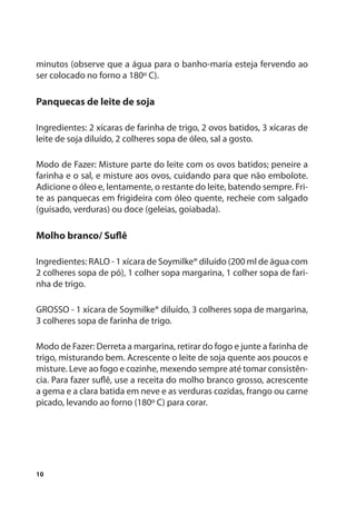 minutos (observe que a água para o banho-maria esteja fervendo ao
ser colocado no forno a 180º C).

Panquecas de leite de soja

Ingredientes: 2 xícaras de farinha de trigo, 2 ovos batidos, 3 xícaras de
leite de soja diluído, 2 colheres sopa de óleo, sal a gosto.

Modo de Fazer: Misture parte do leite com os ovos batidos; peneire a
farinha e o sal, e misture aos ovos, cuidando para que não embolote.
Adicione o óleo e, lentamente, o restante do leite, batendo sempre. Fri-
te as panquecas em frigideira com óleo quente, recheie com salgado
(guisado, verduras) ou doce (geleias, goiabada).

Molho branco/ Suflê

Ingredientes: RALO - 1 xícara de Soymilke® diluído (200 ml de água com
2 colheres sopa de pó), 1 colher sopa margarina, 1 colher sopa de fari-
nha de trigo.

GROSSO - 1 xícara de Soymilke® diluído, 3 colheres sopa de margarina,
3 colheres sopa de farinha de trigo.

Modo de Fazer: Derreta a margarina, retirar do fogo e junte a farinha de
trigo, misturando bem. Acrescente o leite de soja quente aos poucos e
misture. Leve ao fogo e cozinhe, mexendo sempre até tomar consistên-
cia. Para fazer suflê, use a receita do molho branco grosso, acrescente
a gema e a clara batida em neve e as verduras cozidas, frango ou carne
picado, levando ao forno (180º C) para corar.




10
 