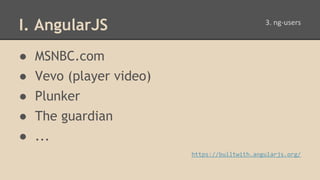 ● MSNBC.com
● Vevo (player video)
● Plunker
● The guardian
● ...
https://builtwith.angularjs.org/
I. AngularJS
 