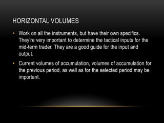 HORIZONTAL VOLUMES
• Work on all the instruments, but have their own specifics.
They’re very important to determine the tactical inputs for the
mid-term trader. They are a good guide for the input and
output.
• Current volumes of accumulation, volumes of accumulation for
the previous period, as well as for the selected period may be
important.
 