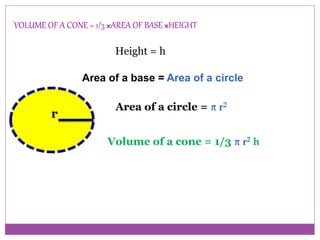 VOLUME OF A CONE = 1/3 ×AREA OF BASE ×HEIGHT
Height = h
Area of a base = Area of a circle
Area of a circle = r2
Volume of a cone = 1/3 r2 h
r