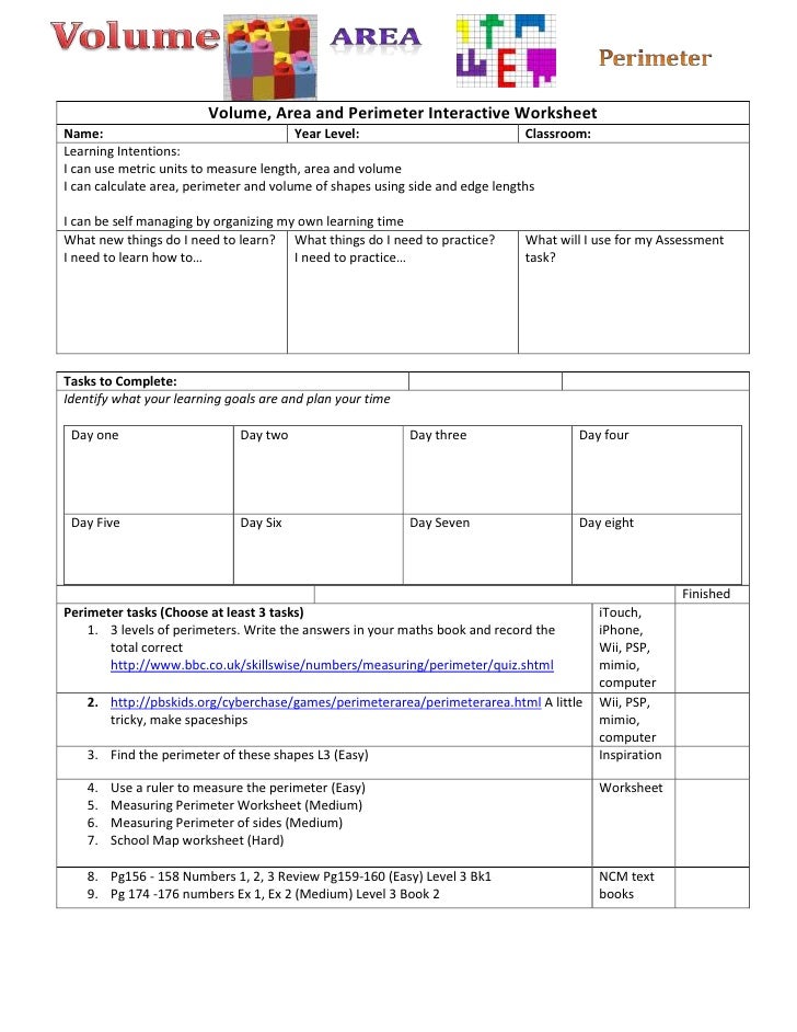 volume area perimeter interactive student worksheet