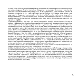 strategia viene utilizzata per migliorare l’iperaccumulazione del mercurio. Esistono comunque nume-
rose altre strategie per favorire l’estrazione, il trasporto e lo stoccaggio di mercurio e arsenico. L’e-
spressione costitutiva dell’enzima γ-ECS guidata da ACT2pt potrebbe condurre ad un aumento di
composti tiolo-peptide in tutti i principali organi vegetativi (radici, fusto, foglie, petali, sepali) e dar
luogo a piante che possono crescere su terreni contaminati dall’arsenico. Inoltre, la sovraespressione
delle proteine ArsC e γ-ECS nelle piante ibride aumenta ulteriormente la tolleranza all’arsenico e l’i-
peraccumulazione di arsenico nelle parti aeree, molto più di quanto si potrebbe ottenere con la sola
espressione di γ-ECS.
Gli ambienti geotermici, noti per il loro elevato contenuto di arsenico, sono stati spesso utilizzati in
studi per individuare i microrganismi (Archaea e batteri) coinvolti nelle sue trasformazioni redox. Poca
attenzione è invece stata dedicata agli eucarioti che popolano questi ambienti estremi, e al loro po-
tenziale contributo nei cicli biogeochimici. Studi recenti sembrano mostrare che le alghe svolgano un
ruolo significativo nei cicli dell’arsenico in ambienti geotermici, marini e d’acqua dolce e che la meti-
lazione dell’arsenico costituisce una componente importante nei cicli biogeochimici dell’arsenico. In
studi di biotrasformazione dell’arsenico su un’alga eucariota termoacidofila dell’ordine delle Cyani-
diales, (Yellowstone PNAS USA 2009) è stata evidenziata la sua influenza sul ciclo dell’arsenico a tem-
perature elevate. Due geni per l’arsenico metiltransferasi (CmarsM7 e CmarsM8), che conferiscono
resistenza ad As (III) in questo organismo, sono stati clonati in un ceppo di E. coli ipersensibile all’ar-
senito. I due CmArsMs ricombinanti sono stati purificati e mostrato di trasformare As (III) in mono-
metilarsenito, DMA (V), TMAO e gas trimetilarsina, ad una temperatura ottimale di 60°-70° C. Tali
studi offrono una spiegazione molecolare di come queste alghe riescano a tollerare l’arsenico nel loro
ambiente e forniscono una caratterizzazione delle loro metiltransferasi.
In molti organismi unicellulari la tolleranza all’arsenico avviene per rimozione attiva dell’arsenito ci-
tosolico, mediante la limitanzione dell’assorbimento dell’arseniato.
Nei laboratori dello Swiss Federal Institute for Environmental Science and Technology è stato prodotto
un batterio geneticamente modificato, tuttora in sperimentazione, in grado di rilevare la presenza di
arsenico nelle acque. Questo batterio, infatti, posto su strisce di carta immerse nell’acqua, emette luce
in presenza di questo elemento anche a basse concentrazioni. I vantaggi di questo batterio sarebbero
l’elevata precisione, l’economicità, il mancato rilascio nell’ambiente di sostanze inquinanti anche se al
momento non è da escludere la possibilità che sia sensibile anche ad altre sostanze chimiche presenti
nelle vicinanze dell’arsenico. In Vietnam è gia’ partito il primo esperimento sul campo. (http://www.mo-
lecularlab.it/news/view.asp?n=833).




                                                                                                           71
 