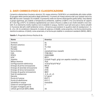 2. DATI CHIMICO-FISICI E CLASSIFICAZIONE
L’arsenico elementare (numero atomico 33; massa atomica 74,9216) è un metalloide allo stato solido
(V gruppo della tavola periodica degli elementi), il numero di massa atomica dei suoi isotopi varia tra
68 e 80 ma solo l’isotopo 75 è stabile. Si presenta nelle tre forme allotropiche gialla (alfa), nera (beta)
e grigia (gamma), più stabile a temperatura ambiente, sublima a 630°C e ha una tensione di vapore
di 1 mm Hg a 372°C. Si combina rapidamente con cloro e fluoro a caldo e con molti metalli e non me-
talli. È un elemento molto reattivo non è solubile in acqua, mentre i suoi sali sono più o meno solubili
in funzione del pH e dell’ambiente ionico. L’Arsenico può esistere in quattro stati di ossidazione (- 3,
0, +3 e +5). In condizioni riducenti, lo stato di valenza +3 (AsIII), come arsenito, è la forma dominante,
mentre la valenza +5 (AsV), come arseniato, è la forma più stabile in condizioni ossidanti (WHO, 2001).

Tabella 1. Proprietà chimico-fisiche di As

 Nome                                        Arsenico
 Simbolo                                     As
 Numero atomico                              33
 Gruppo                                      15, (Va)
 Periodo                                     4
 Serie chimica                               metalloidi (non metalli)
 CAS                                         7740-38-2
 RTECS                                       CG0525000
 ICSC                                        0013
 Aspetto                                     Cristalli fragili, grigi con aspetto metallico, inodore
 Massa atomica                               74,9
 Configurazione elettronica                  1s22s2p63s2p6d104s2p3
 Energia di prima ionizzazione               947,0
 Energia di seconda ionizzazione             1798
 Energia di terza ionizzazione               2735
 Energia di quarta ionizzazione              4837
 Stati di ossidazione                        -3, 0, +3, +5
 Densità                                     5,7 g/cm3
 Punto di fusione                            814° C
 Punto di ebollizione                        615° C
 Solubilità in acqua                         insolubile
 Classe di cancerogenicità                   1
 Gruppo mutageno per le
 cellule germinali (DFG 2004)                3A


                                                                                                          7
 
