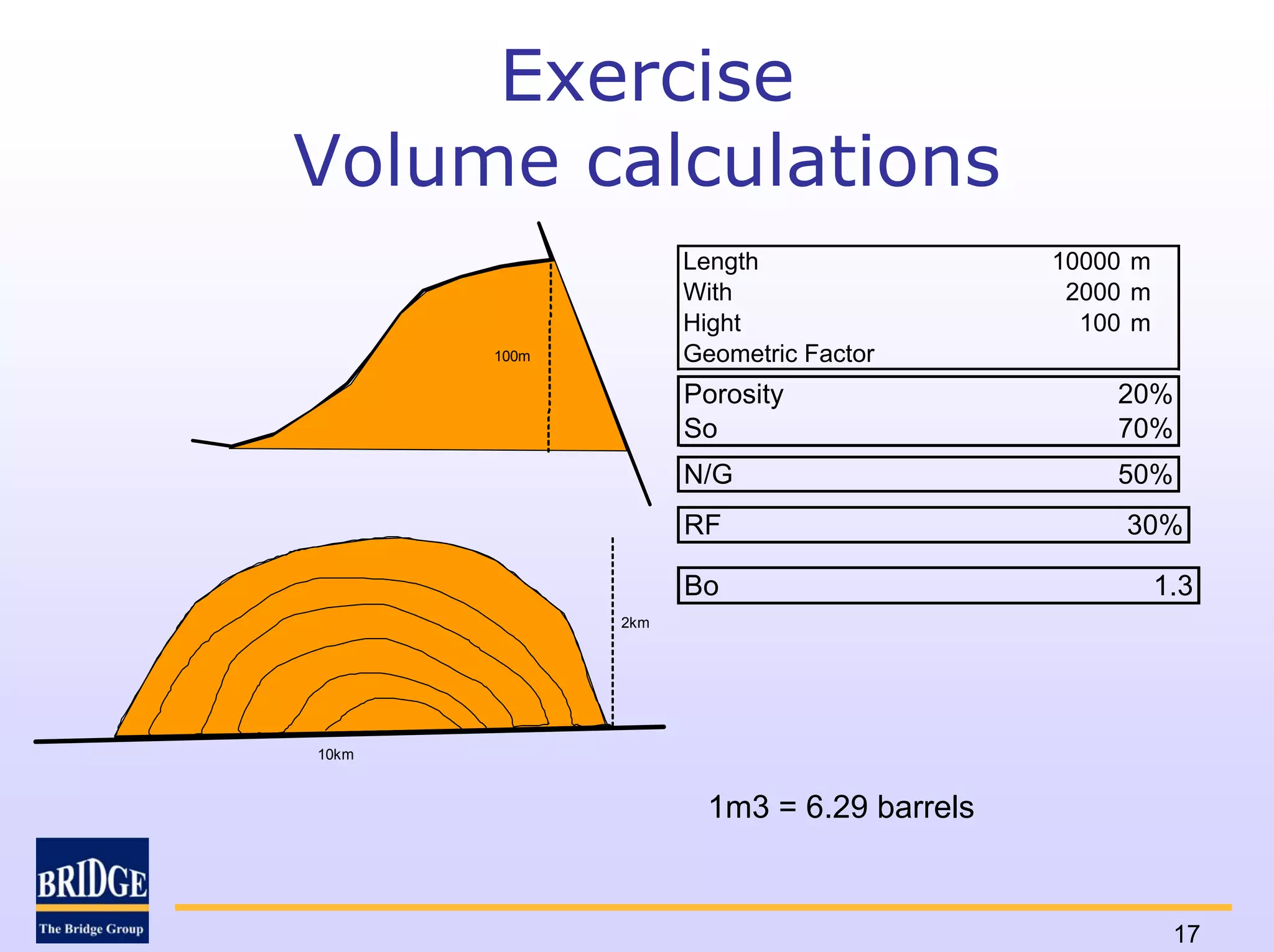 Exercise
Volume calculations
                    Length                 10000 m
                    With                    2000 m
                    Hight                    100 m
       100m         Geometric Factor
                    Porosity                   20%
                    So                         70%
                    N/G                        50%
                    RF                          30%

                    Bo                               1.3
              2km




10km


                      1m3 = 6.29 barrels


                                                      17
 