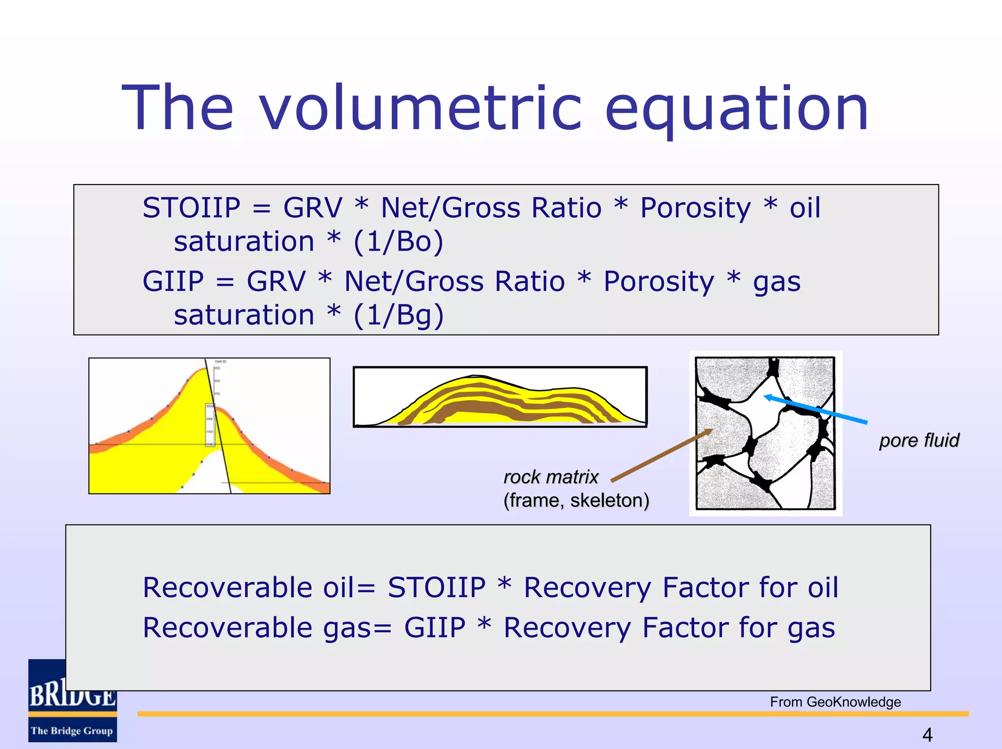 The volumetric equation
STOIIP = GRV * Net/Gross Ratio * Porosity * oil
  saturation * (1/Bo)
GIIP = GRV * Net/Gross Ratio * Porosity * gas
  saturation * (1/Bg)



                                                           pore fluid
                         rock matrix
                         (frame, skeleton)



Recoverable oil= STOIIP * Recovery Factor for oil
Recoverable gas= GIIP * Recovery Factor for gas

                                             From GeoKnowledge

                                                                 4
 