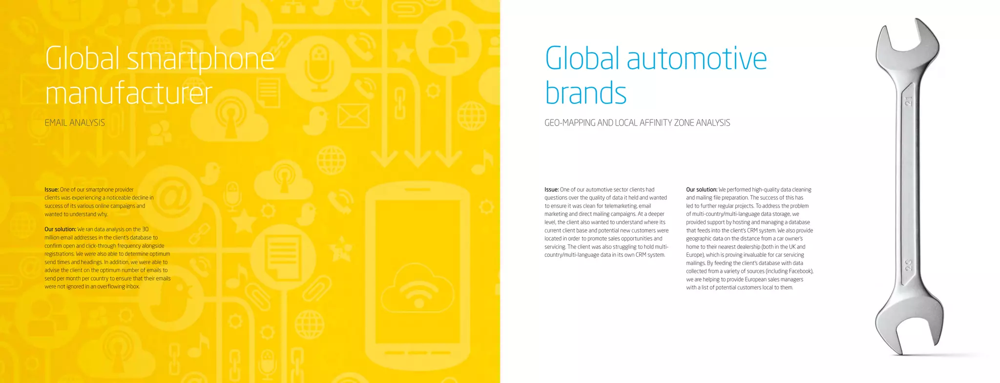 Global smartphone                                        Global automotive
manufacturer                                             brands
EMAIL ANALYSIS                                           GEO-MAPPING AND LOCAL AFFINITY ZONE ANALYSIS




Issue: One of our smartphone provider                    Issue: One of our automotive sector clients had            Our solution: We performed high-quality data cleaning
clients was experiencing a noticeable decline in         questions over the quality of data it held and wanted      and mailing file preparation. The success of this has
success of its various online campaigns and              to ensure it was clean for telemarketing, email            led to further regular projects. To address the problem
wanted to understand why.                                marketing and direct mailing campaigns. At a deeper        of multi-country/multi-language data storage, we
                                                         level, the client also wanted to understand where its      provided support by hosting and managing a database
Our solution: We ran data analysis on the 30             current client base and potential new customers were       that feeds into the client’s CRM system. We also provide
million email addresses in the client’s database to      located in order to promote sales opportunities and        geographic data on the distance from a car owner’s
confirm open and click-through frequency alongside       servicing. The client was also struggling to hold multi-   home to their nearest dealership (both in the UK and
registrations. We were also able to determine optimum    country/multi-language data in its own CRM system.         Europe), which is proving invaluable for car servicing
send times and headings. In addition, we were able to                                                               mailings. By feeding the client’s database with data
advise the client on the optimum number of emails to                                                                collected from a variety of sources (including Facebook),
send per month per country to ensure that their emails                                                              we are helping to provide European sales managers
were not ignored in an overflowing inbox.                                                                           with a list of potential customers local to them.
 