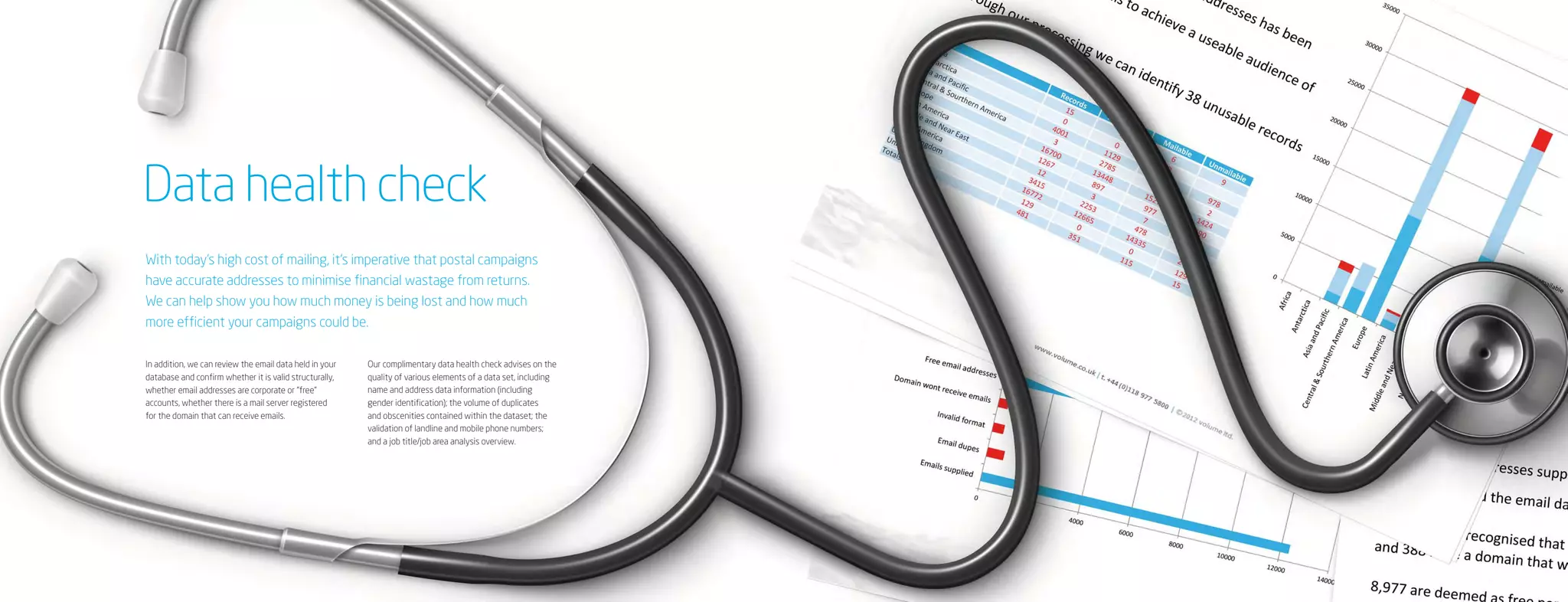 Data health check
With today’s high cost of mailing, it’s imperative that postal campaigns
have accurate addresses to minimise financial wastage from returns.
We can help show you how much money is being lost and how much
more efficient your campaigns could be.

In addition, we can review the email data held in your   Our complimentary data health check advises on the
database and confirm whether it is valid structurally,   quality of various elements of a data set, including
whether email addresses are corporate or “free”          name and address data information (including
accounts, whether there is a mail server registered      gender identification); the volume of duplicates
for the domain that can receive emails.                  and obscenities contained within the dataset; the
                                                         validation of landline and mobile phone numbers;
                                                         and a job title/job area analysis overview.
 