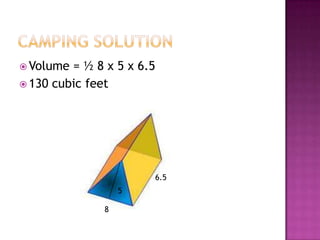 Camping SolutionVolume = ½ 8 x 5 x 6.5130 cubic feet6.558