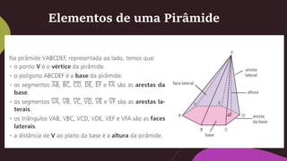 Áreas da Pirâmide
1° Exemplo) Uma pirâmide regular hexagonal tem 8 cm de altura e a aresta da
sua base mede 4 3 cm. Calcul...