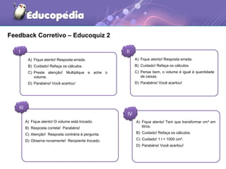 Feedback Corretivo – Educoquiz 2 
I II 
III 
IV 
A) Fique atento! O volume está trocado. 
B) Resposta correta! Parabéns! 
C) Atenção! Resposta contrária à pergunta. 
D) Observe novamente! Recipiente trocado. 
A) Fique atento! Resposta errada. 
B) Cuidado! Refaça os cálculos. 
C) Pense bem, o volume é igual à quantidade 
de caixas. 
D) Parabéns! Você acertou! 
A) Fique atento! Tem que transformar cm³ em 
litros. 
B) Cuidado! Refaça os cálculos. 
C) Cuidado! 1 l = 1000 cm³. 
D) Parabéns! Você acertou! 
A) Fique atento! Resposta errada. 
B) Cuidado! Refaça os cálculos. 
C) Preste atenção! Multiplique e ache o 
volume. 
D) Parabéns! Você acertou! 
 
