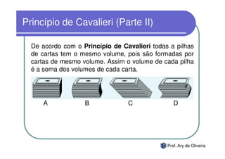 Princípio de Cavalieri (Parte II)

  De acordo com o Princípio de Cavalieri todas a pilhas
  de cartas tem o mesmo volume, pois são formadas por
  cartas de mesmo volume. Assim o volume de cada pilha
  é a soma dos volumes de cada carta.




      A            B             C               D




                                              Prof. Ary de Oliveira
 