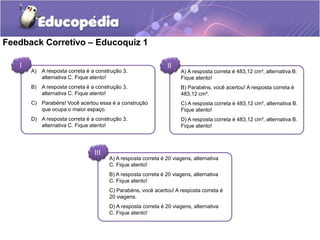 Feedback Corretivo – Educoquiz 1 
I 
A) A resposta correta é a construção 3, 
alternativa C. Fique atento! 
B) A resposta correta é a construção 3, 
alternativa C. Fique atento! 
C) Parabéns! Você acertou essa é a construção 
que ocupa o maior espaço. 
D) A resposta correta é a construção 3, 
alternativa C. Fique atento! 
A) A resposta correta é 483,12 cm³, alternativa B. 
Fique atento! 
B) Parabéns, você acertou! A resposta correta é 
483,12 cm³. 
C) A resposta correta é 483,12 cm³, alternativa B. 
Fique atento! 
D) A resposta correta é 483,12 cm³, alternativa B. 
Fique atento! 
II 
A) A resposta correta é 20 viagens, alternativa 
C. Fique atento! 
B) A resposta correta é 20 viagens, alternativa 
C. Fique atento! 
C) Parabéns, você acertou! A resposta correta é 
20 viagens. 
D) A resposta correta é 20 viagens, alternativa 
C. Fique atento! 
III 
 