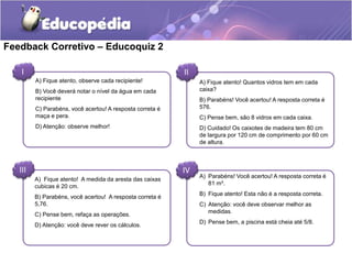 Feedback Corretivo – Educoquiz 2 
A) Fique atento, observe cada recipiente! 
B) Você deverá notar o nível da água em cada 
recipiente 
C) Parabéns, você acertou! A resposta correta é 
maça e pera. 
D) Atenção: observe melhor! 
A) Fique atento! Quantos vidros tem em cada 
caixa? 
B) Parabéns! Você acertou! A resposta correta é 
576. 
C) Pense bem, são 8 vidros em cada caixa. 
D) Cuidado! Os caixotes de madeira tem 80 cm 
de largura por 120 cm de comprimento por 60 cm 
de altura. 
A) Fique atento! A medida da aresta das caixas 
cubicas é 20 cm. 
B) Parabéns, você acertou! A resposta correta é 
5,76. 
C) Pense bem, refaça as operações. 
D) Atenção: você deve rever os cálculos. 
A) Parabéns! Você acertou! A resposta correta é 
81 m³. 
B) Fique atento! Esta não é a resposta correta. 
C) Atenção: você deve observar melhor as 
medidas. 
D) Pense bem, a piscina está cheia até 5/8. 
I II 
III IV 
 