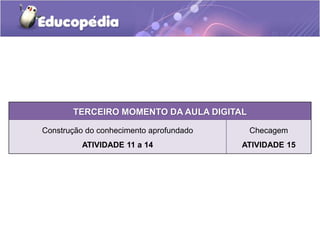 TERCEIRO MOMENTO DA AULA DIGITAL 
Construção do conhecimento aprofundado 
ATIVIDADE 11 a 14 
Checagem 
ATIVIDADE 15 
 
