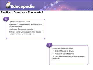 A) Parabéns! Resposta certa! 
B) Atenção! Observe melhor o deslocamento da 
água no recipiente. 
C) Atenção! É um bloco retangular. 
D) Fique atento! Verifique as medidas dadas e o 
deslocamento da água no recipiente. 
A) Atenção! São 2.500 peças. 
B) Cuidado! Reveja os cálculos. 
C) Parabéns! Resposta correta! 
D) Fique atento! Observe que são duas partes 
cilíndricas. 
Feedback Corretivo – Educoquiz 3 
IV 
V 
 