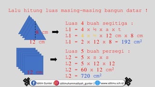 sditmuhammadiyah_gunter |
Sditm Gunter | www.sditmu.sch.id
Lalu hitung luas masing-masing bangun datar !
Luas 4 buah segitiga :
L1 = 4 x ½ x a x t
L1 = 4 x ½ x 12 cm x 8 cm
L1 = 2 x 12 x 8 = 192 cm2
12 cm
8 cm
Luas 5 buah persegi :
L2 = 5 x s x s
L2 = 5 x 12 x 12
L2 = 60 x 12 cm2
L2 = 720 cm2
12 cm
 