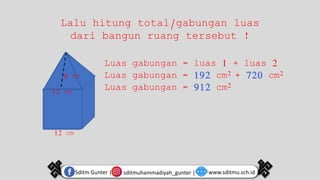 sditmuhammadiyah_gunter |
Sditm Gunter | www.sditmu.sch.id
Lalu hitung total/gabungan luas
dari bangun ruang tersebut !
12 cm
12 cm
8 cm
Luas gabungan = luas 1 + luas 2
Luas gabungan = 192 cm2 + 720 cm2
Luas gabungan = 912 cm2
 