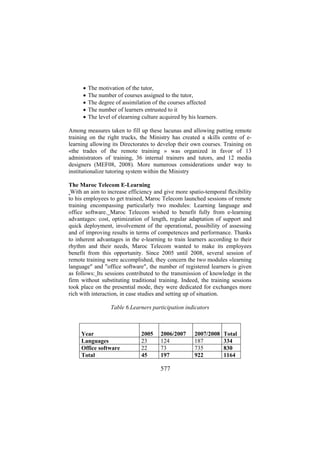•
•
•
•
•

The motivation of the tutor,
The number of courses assigned to the tutor,
The degree of assimilation of the courses affected
The number of learners entrusted to it
The level of elearning culture acquired by his learners.

Among measures taken to fill up these lacunas and allowing putting remote
training on the right trucks, the Ministry has created a skills centre of elearning allowing its Directorates to develop their own courses. Training on
«the trades of the remote training » was organized in favor of 13
administrators of training, 36 internal trainers and tutors, and 12 media
designers (MEF08, 2008). More numerous considerations under way to
institutionalize tutoring system within the Ministry
The Maroc Telecom E-Learning
With an aim to increase efficiency and give more spatio-temporal flexibility
to his employees to get trained, Maroc Telecom launched sessions of remote
training encompassing particularly two modules: Learning language and
office software. Maroc Telecom wished to benefit fully from e-learning
advantages: cost, optimization of length, regular adaptation of support and
quick deployment, involvement of the operational, possibility of assessing
and of improving results in terms of competences and performance. Thanks
to inherent advantages in the e-learning to train learners according to their
rhythm and their needs, Maroc Telecom wanted to make its employees
benefit from this opportunity. Since 2005 until 2008, several session of
remote training were accomplished, they concern the two modules «learning
language" and "office software", the number of registered learners is given
as follows: Its sessions contributed to the transmission of knowledge in the
firm without substituting traditional training. Indeed, the training sessions
took place on the presential mode, they were dedicated for exchanges more
rich with interaction, in case studies and setting up of situation.
Table 6.Learners participation indicators

Year
Languages
Office software
Total

2005
23
22
45

2006/2007
124
73
197

577

2007/2008
187
735
922

Total
334
830
1164

 