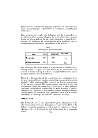 The trainers, the managers and the people responsible for human resources
noticed closely the degree of the evolution of competences acquired by their
collaborators.
They encourage the people with difficulties and the non-attendees, to
provide more effort to meet efficiently the needs of the firm. However,
despite the efforts deployed by the people responsible to succeed the elearning, this implement of remote training knew significant rates of
abandonment raised particularly for module the office software:
Table 7.
Learner’s participation indicators
Year

2005

2006/2007 2007/2008

Languages

17%

15%

Office automation

10%

13%

4%
35%

This encouraged the decision-makers of Maroc Telecom to stand back on elearning actions. The year 2009 was marked by the cancellation of all
sessions of distance learning. A study was accomplished to disclose lacunas
having favored these rates of abandonment.
The result of this study showed that several factors have acted negatively on
the good running of remote training. Among the preponderant factors, there
was lack of taking into account of the real needs and the real implementation
of the learning proposed. This project remains interesting in the total
implement of training and management of competences at Maroc Telecom.
Nowadays, consideration is conducted by the people in charge of training,
tackling all key axes related to the e-learning: the target population, contents,
tutoring system and evaluation. New approaches which will be adopted
should make of e-learning a true source of "competitive advantage".
CONCLUSION
The strategy of Morocco was expressed through the liberalization of the
telecommunications sector, and the programs of incorporation of ICT in the
different ministerial departments, notably that of education and higher
education, allowed developing physical infrastructure in a spectacular
manner.

578

 