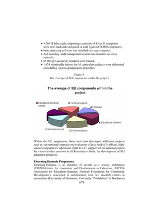 • 4.780 IT labs, each comprising a network of 15 to 25 computers
were delivered and configured (a total figure of 78.000 computers),
• basic operating software was installed on every computer,
• AeL learning (and) management system was installed on every
network,
• 65.000 pre-university teachers were trained,
• 1.674 multimedia lessons for 10 curriculum subjects were elaborated
considering rigorous pedagogical principles.
Figure 3.
The Avarage of SEI components within the project

Within the SEI programme, there were also developed additional projects
such as: the national computerized evaluation of text-books (EvalMan), highschool computerized admission (ADLIC), IT support for the national contest
for vacant teacher positions in all Romanian schools, the development of SEI
education portal etc.
Elearning.Romania Programme
Elearning.Romania is an initiative of several civil society institutions
(TEHNE-Centre for Innovation and Development in Education, ASTEDAssociation for Education Sciences, National Foundation for Community
Development), developed in collaboration with two research centres in
universities (University of Bucharest, University “Politehnica” of Bucharest)

679

 