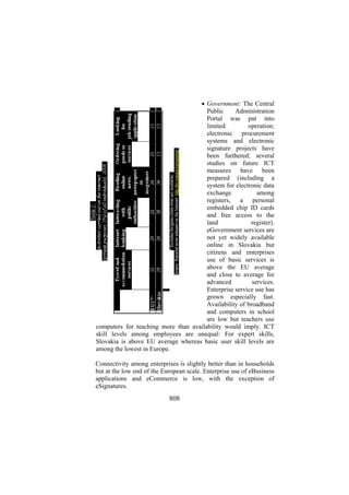• Government: The Central
Public
Administration
Portal was put into
limited
operation;
electronic procurement
systems and electronic
signature projects have
been furthered; several
studies on future ICT
measures have been
prepared (including a
system for electronic data
exchange
among
registers, a personal
embedded chip ID cards
and free access to the
land
register).
eGovernment services are
not yet widely available
online in Slovakia but
citizens and enterprises
use of basic services is
above the EU average
and close to average for
advanced
services.
Enterprise service use has
grown especially fast.
Availability of broadband
and computers in school
are low but teachers use
computers for teaching more than availability would imply. ICT
skill levels among employees are unequal: For expert skills,
Slovakia is above EU average whereas basic user skill levels are
among the lowest in Europe.
Connectivity among enterprises is slightly better than in households
but at the low end of the European scale. Enterprise use of eBusiness
applications and eCommerce is low, with the exception of
eSignatures.

808

 