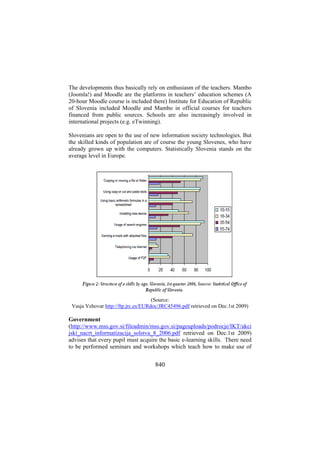 The developments thus basically rely on enthusiasm of the teachers. Mambo
(Joomla!) and Moodle are the platforms in teachers’ education schemes (A
20-hour Moodle course is included there) Institute for Education of Republic
of Slovenia included Moodle and Mambo in official courses for teachers
financed from public sources. Schools are also increasingly involved in
international projects (e.g. eTwinning).
Slovenians are open to the use of new information society technologies. But
the skilled kinds of population are of course the young Slovenes, who have
already grown up with the computers. Statistically Slovenia stands on the
average level in Europe.

(Source:
Vasja Vehovar http://ftp.jrc.es/EURdoc/JRC45496.pdf retrieved on Dec.1st 2009)

Government
(http://www.mss.gov.si/fileadmin/mss.gov.si/pageuploads/podrocje/IKT/akci
jski_nacrt_informatizacija_solstva_8_2006.pdf retrieved on Dec.1st 2009)
advises that every pupil must acquire the basic e-learning skills. There need
to be performed seminars and workshops which teach how to make use of

840

 