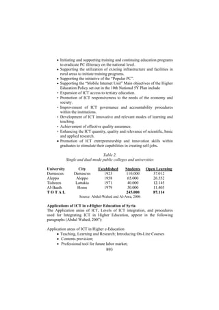 • Initiating and supporting training and continuing education programs

to eradicate PC illiteracy on the national level.
• Supporting the utilization of existing infrastructure and facilities in

rural areas to initiate training programs.
• Supporting the initiative of the “Popular PC”.
• Supporting the “Mobile Internet Unit” Main objectives of the Higher

Education Policy set out in the 10th National 5Y Plan include
• Expansion of ICT access to tertiary education.
• Promotion of ICT responsiveness to the needs of the economy and
society.
• Improvement of ICT governance and accountability procedures
within the institutions.
• Development of ICT innovative and relevant modes of learning and
teaching.
• Achievement of effective quality assurance.
• Enhancing the ICT quantity, quality and relevance of scientific, basic
and applied research.
• Promotion of ICT entrepreneurship and innovation skills within
graduates to stimulate their capabilities in creating self-jobs.
Table 2.
Single and dual-mode public colleges and universities
University
Damascus
Aleppo
Tishreen
Al-Baath
TOTAL

City
Damascus
Aleppo
Lattakia
Homs

Established
1923
1958
1971
1979

Students
110.000
65.000
40.000
30.000
245.000

Open Learning
37.012
26.552
12.145
11.405
87.114

Source: Abdul-Wahed and Al-Awa, 2006

Applications of ICT in e-Higher Education of Syria
The Application areas of ICT, Levels of ICT integration, and procedures
used for Integrating ICT in Higher Education, appear in the following
paragraphs (Abdul Wahed, 2007):
Application areas of ICT in Higher e-Education
• Teaching, Learning and Research; Introducing On-Line Courses
• Contents provision;
• Professional tool for future labor market;

893

 