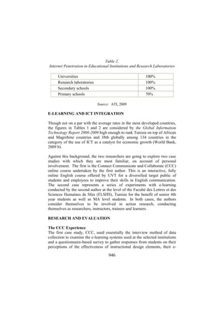 Table 2.
Internet Penetration in Educational Institutions and Research Laboratories
Universities
Research laboratories
Secondary schools
Primary schools

100%
100%
100%
70%
Source: ATI, 2009

E-LEARNING AND ICT INTEGRATION
Though not on a par with the average rates in the most developed countries,
the figures in Tables 1 and 2 are considered by the Global Information
Technology Report 2008-2009 high enough to rank Tunisia on top of African
and Magrebine countries and 38th globally among 134 countries in the
category of the use of ICT as a catalyst for economic growth (World Bank,
2009 b).
Against this background, the two researchers are going to explore two case
studies with which they are most familiar, on account of personal
involvement. The first is the Connect Communicate and Collaborate (CCC)
online course undertaken by the first author. This is an interactive, fully
online English course offered by UVT for a diversified target public of
students and employees to improve their skills in English communication.
The second case represents a series of experiments with e-learning
conducted by the second author at the level of the Faculté des Lettres et des
Sciences Humaines de Sfax (FLSHS), Tunisia for the benefit of senior 4th
year students as well as MA level students. In both cases, the authors
consider themselves to be involved in action research, conducting
themselves as researchers, instructors, trainers and learners.
RESEARCH AND EVALUATION
The CCC Experience
The first case study, CCC, used essentially the interview method of data
collection to examine the e-learning systems used at the selected institutions
and a questionnaire-based survey to gather responses from students on their
perceptions of the effectiveness of instructional design elements, their e-

946

 