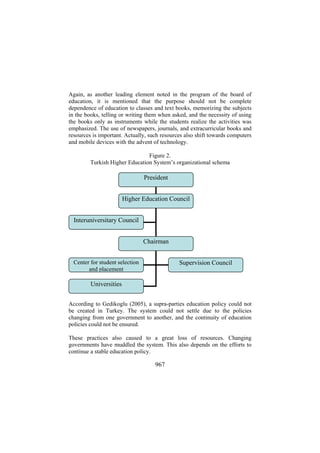 Again, as another leading element noted in the program of the board of
education, it is mentioned that the purpose should not be complete
dependence of education to classes and text books, memorizing the subjects
in the books, telling or writing them when asked, and the necessity of using
the books only as instruments while the students realize the activities was
emphasized. The use of newspapers, journals, and extracurricular books and
resources is important. Actually, such resources also shift towards computers
and mobile devices with the advent of technology.
Figure 2.
Turkish Higher Education System’s organizational schema

President
Higher Education Council
Interuniversitary Council
Chairman
Center for student selection
and placement

Supervision Council

Universities
According to Gedikoglu (2005), a supra-parties education policy could not
be created in Turkey. The system could not settle due to the policies
changing from one government to another, and the continuity of education
policies could not be ensured.
These practices also caused to a great loss of resources. Changing
governments have muddled the system. This also depends on the efforts to
continue a stable education policy.

967

 