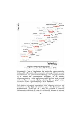 Source: Yamamoto, G. T., Ozan, O & Demiray, U. (2010).

Consequently, Yang & Yuen indicate that learning has been dramatically
influenced by information and communication technology. There is no doubt
that information and communication technology keeps bringing excitement
in to learning and communication. Multimedia on the internet,
telecommunications, wireless applications, mobile devices, social network
software, Web 2.0 etc are radically redefining the way people obtain
information and the way to learn (Yang & Yuen 2010, xxiv)
Policymakers, international organizations, higher education institutions and
researchers in the field of education agree that Information and
Communication Technologies (ICT) have the potential to stimulate
international collaboration, to create flexible learning paths and to open the

lxi

 
