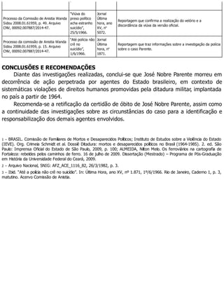 polícia”.
Processo da Comissão de Anistia Wanda
Sidou 2008.01.61959, p. 49. Arquivo
CNV, 00092.007887/2014-47.
“Viúva do
preso político
acha estranho
suicídio”,
25/5/1966.
Jornal
Última
hora, ano
XV, no
5072.
Reportagem que confirma a realização do velório e a
discordância da viúva da versão oficial.
Processo da comissão de Anistia Wanda
Sidou 2008.01.61959, p. 15. Arquivo
CNV, 00092.007887/2014-47.
“Até polícia não
crê no
suicídio”,
1/6/1966.
Jornal
Última
hora, no
1871.
Reportagem que traz informações sobre a investigação da polícia
sobre o caso Parente.
CONCLUSÕES E RECOMENDAÇÕES
Diante das investigações realizadas, conclui-se que José Nobre Parente morreu em
decorrência de ação perpetrada por agentes do Estado brasileiro, em contexto de
sistemáticas violações de direitos humanos promovidas pela ditadura militar, implantada
no país a partir de 1964.
Recomenda-se a retificação da certidão de óbito de José Nobre Parente, assim como
a continuidade das investigações sobre as circunstâncias do caso para a identificação e
responsabilização dos demais agentes envolvidos.
1 – BRASIL. Comissão de Familiares de Mortos e Desaparecidos Políticos; Instituto de Estudos sobre a Violência do Estado
(IEVE). Org. Crimeia Schmidt et al. Dossiê Ditadura: mortos e desaparecidos políticos no Brasil (1964-1985). 2. ed. São
Paulo: Imprensa Oficial do Estado de São Paulo, 2009, p. 100; ALMEIDA, Nilton Melo. Os ferroviários na cartografia de
Fortaleza: rebeldes pelos caminhos de ferro. 16 de julho de 2009. Dissertação (Mestrado) – Programa de Pós-Graduação
em História da Universidade Federal do Ceará, 2009.
2 – Arquivo Nacional, SNIG: AFZ_ACE_1116_82, 26/3/1982, p. 3.
3 – Ibid. “Até a polícia não crê no suicídio”. In: Última Hora, ano XV, nº 1.871, 1º/6/1966. Rio de Janeiro, Caderno 1, p. 3,
matutino. Acervo Comissão de Anistia.
 