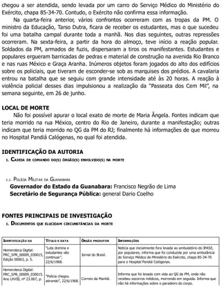 chegou a ser atendida, sendo levada por um carro do Serviço Médico do Ministério do
Exército, chapa 85-34-70. Contudo, o Exército não confirma essa informação.
Na quarta-feira anterior, vários confrontos ocorreram com as tropas da PM. O
ministro da Educação, Tarso Dutra, ficara de receber os estudantes, mas o que sucedeu
foi uma batalha campal durante toda a manhã. Nos dias seguintes, outras repressões
ocorreram. Na sexta-feira, a partir da hora do almoço, teve início a reação popular.
Soldados da PM, armados de fuzis, dispersaram a tiros os manifestantes. Estudantes e
populares ergueram barricadas de pedras e material de construção na avenida Rio Branco
e nas ruas México e Graça Aranha. Inúmeros objetos foram jogados do alto dos edifícios
sobre os policiais, que tiveram de esconder-se sob as marquises dos prédios. A cavalaria
entrou na batalha que se seguiu com grande intensidade até às 20 horas. A reação à
violência policial desses dias impulsionou a realização da “Passeata dos Cem Mil”, na
semana seguinte, em 26 de junho.
LOCAL DE MORTE
Não foi possível apurar o local exato de morte de Maria Ângela. Fontes indicam que
teria morrido na rua México, centro do Rio de Janeiro, durante a manifestação; outras
indicam que teria morrido no QG da PM do RJ; finalmente há informações de que morreu
no Hospital Pandiá Calógenas, no qual foi atendida.
IDENTIFICAÇÃO DA AUTORIA
1. CADEIA DE COMANDO DO(S) ÓRGÃO(S) ENVOLVIDO(S) NA MORTE
1.1. POLÍCIA MILITAR DA GUANABARA
Governador do Estado da Guanabara: Francisco Negrão de Lima
Secretário de Segurança Pública: general Dario Coelho
FONTES PRINCIPAIS DE INVESTIGAÇÃO
1. DOCUMENTOS QUE ELUCIDAM CIRCUNSTÂNCIAS DA MORTE
IDENTIFICAÇÃO DA TÍTULO E DATA ÓRGÃO PRODUTOR INFORMAÇÕES
Hemeroteca Digital:
PRC_SPR_00009_030015,
Edição 00063, p. 5.
“Luta domina e
estudantes vão
continuar”,
22/6/1968.
Jornal do Brasil.
Noticia que inicialmente fora levada ao ambulatório do IPASE,
por populares; informa que foi conduzida por uma ambulância
do Serviço Médico do Ministério do Exército, chapa 85-34-70
para o Hospital Pandiá Calógenas.
Hemeroteca Digital:
PRC_SPR_00009_030015.
Ano LXVIII, nº 23.067, p.
“Polícia chegou
atirando”, 22/6/1968.
Correio da Manhã.
Informa que foi levada com vida ao QG da PM, onde não
recebeu socorros médicos, morrendo em seguida. Informa que
não há informações sobre o paradeiro do corpo.
 